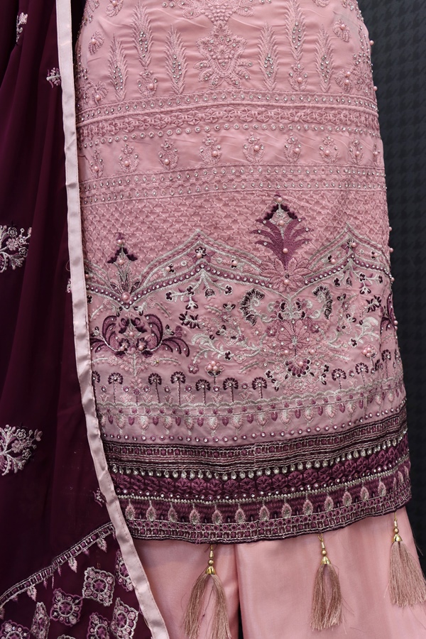 Georgette Fabric Embroidered Work Pink Sleeveless Kurta Sharara Set with Dupatta