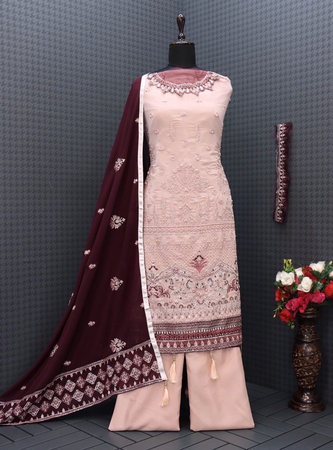 Georgette Fabric Embroidered Work Pink Sleeveless Kurta Sharara Set with Dupatta