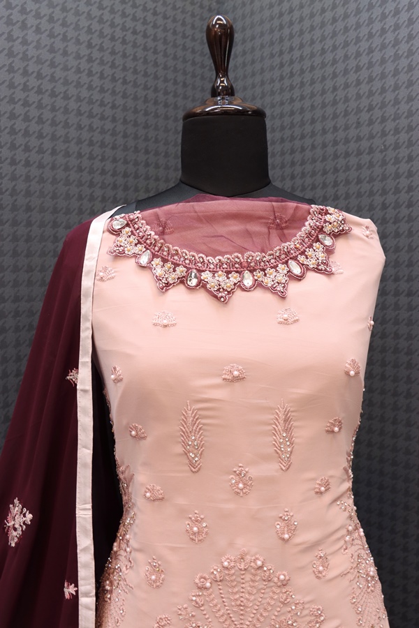 Georgette Fabric Embroidered Work Pink Sleeveless Kurta Sharara Set with Dupatta