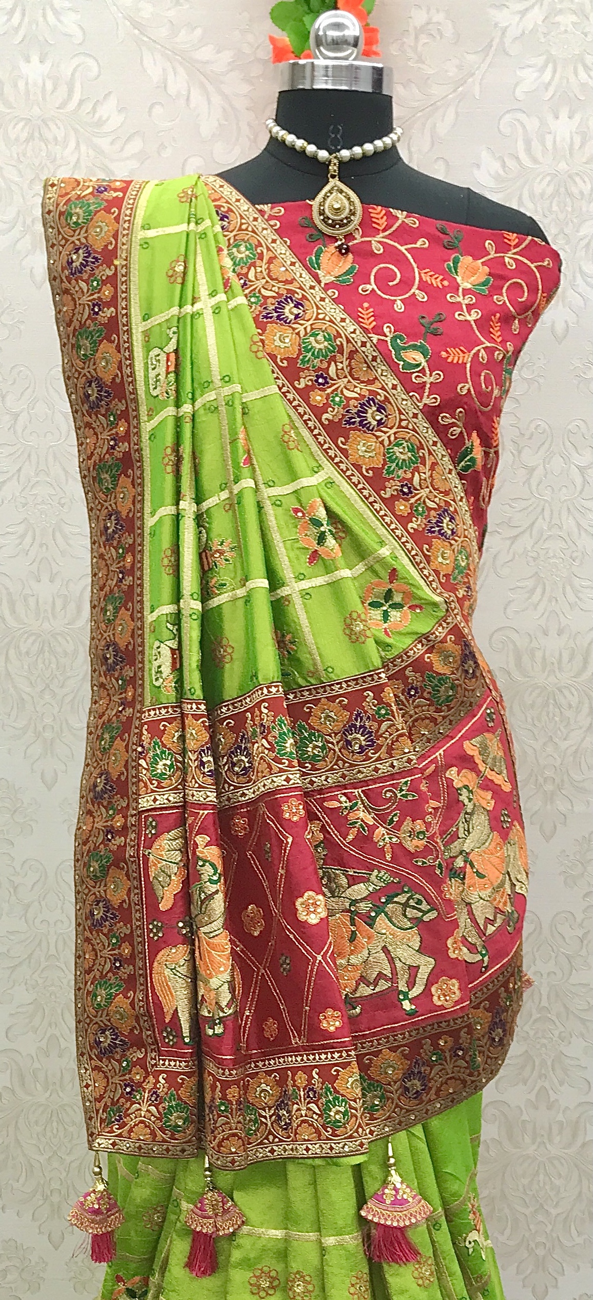 Green & Red Embroidery Cadbury Silk Bridal Wear Panetar saree