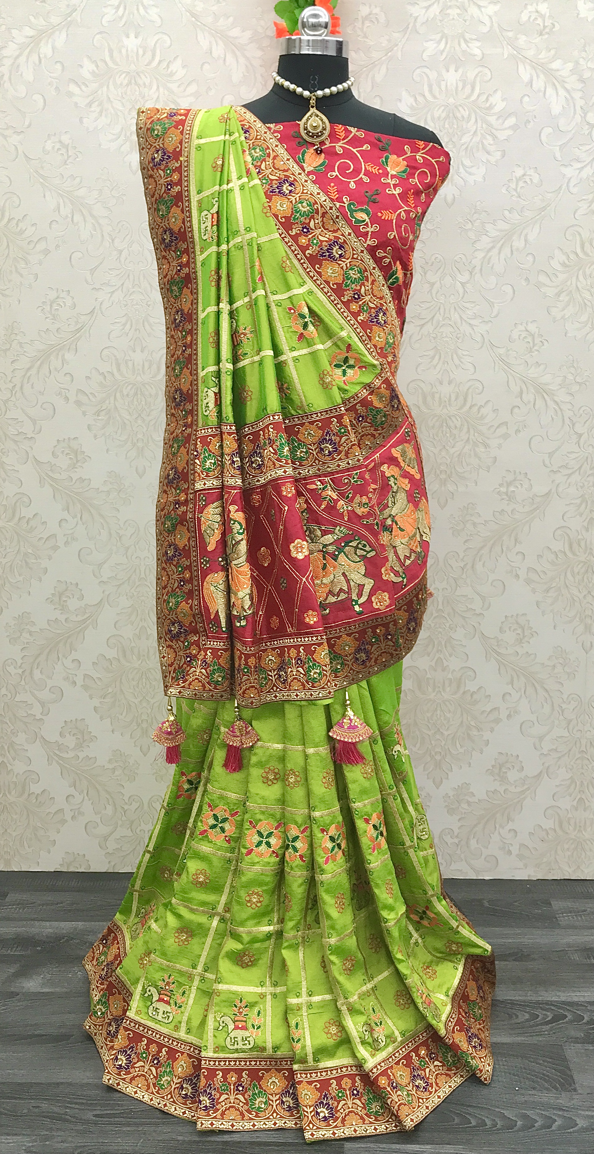 Green & Red Embroidery Cadbury Silk Bridal Wear Panetar saree