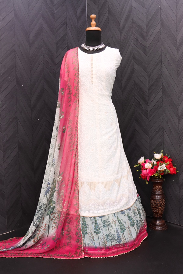White pink Embroidered Anarkali Suit