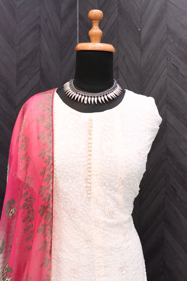 White pink Embroidered Anarkali Suit