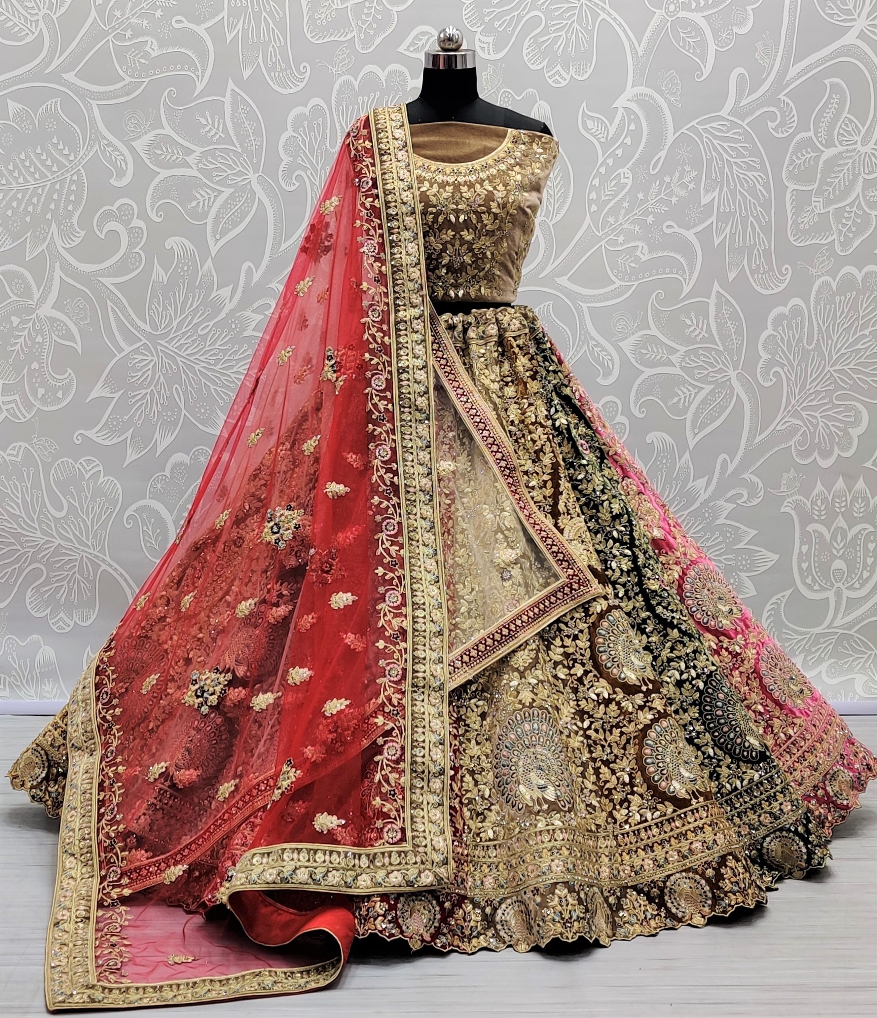 Multi Colour Velvet Engagement A Line Lehenga Choli