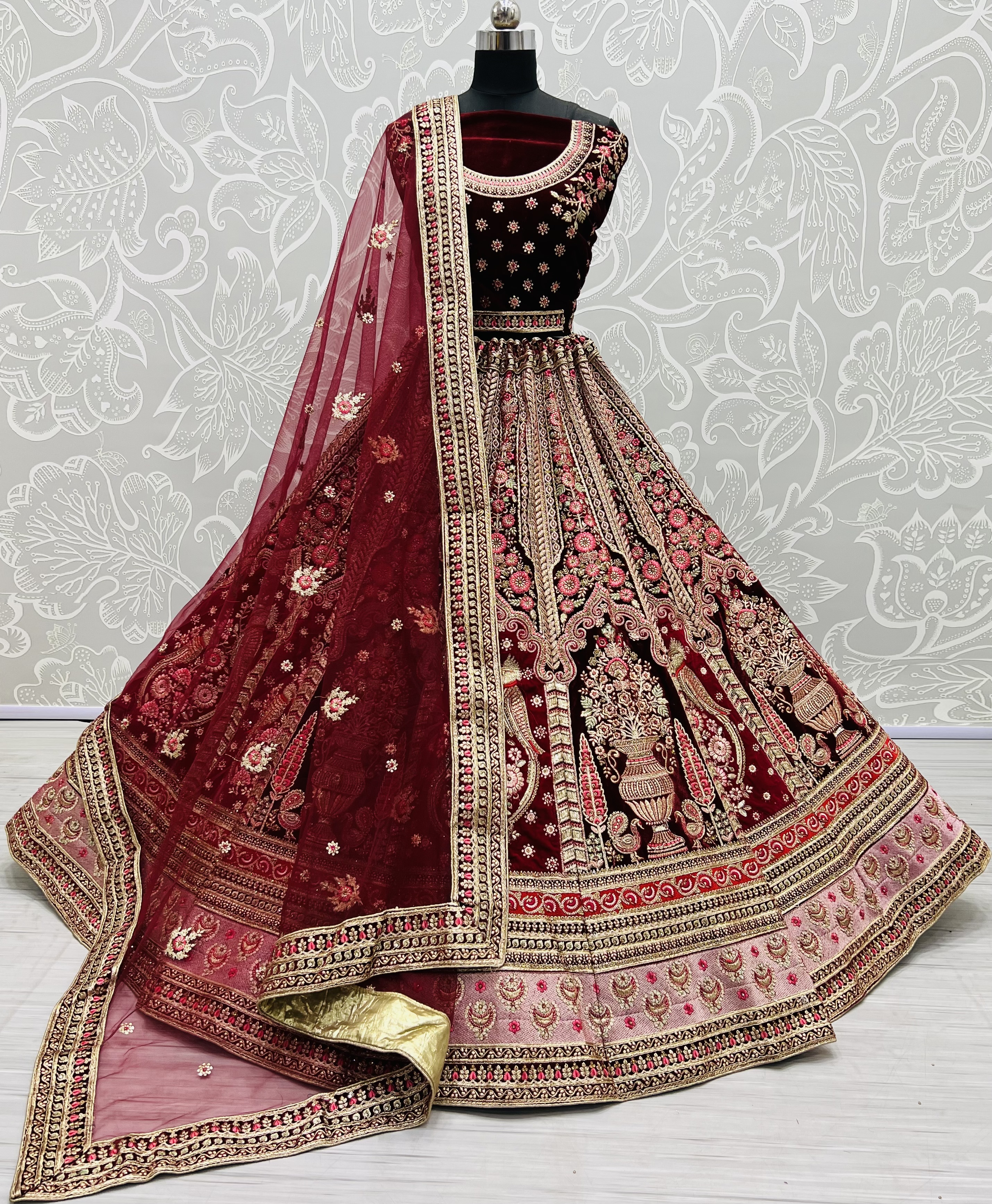 Velvet Wedding Lehenga Choli Maroon in Embroidered