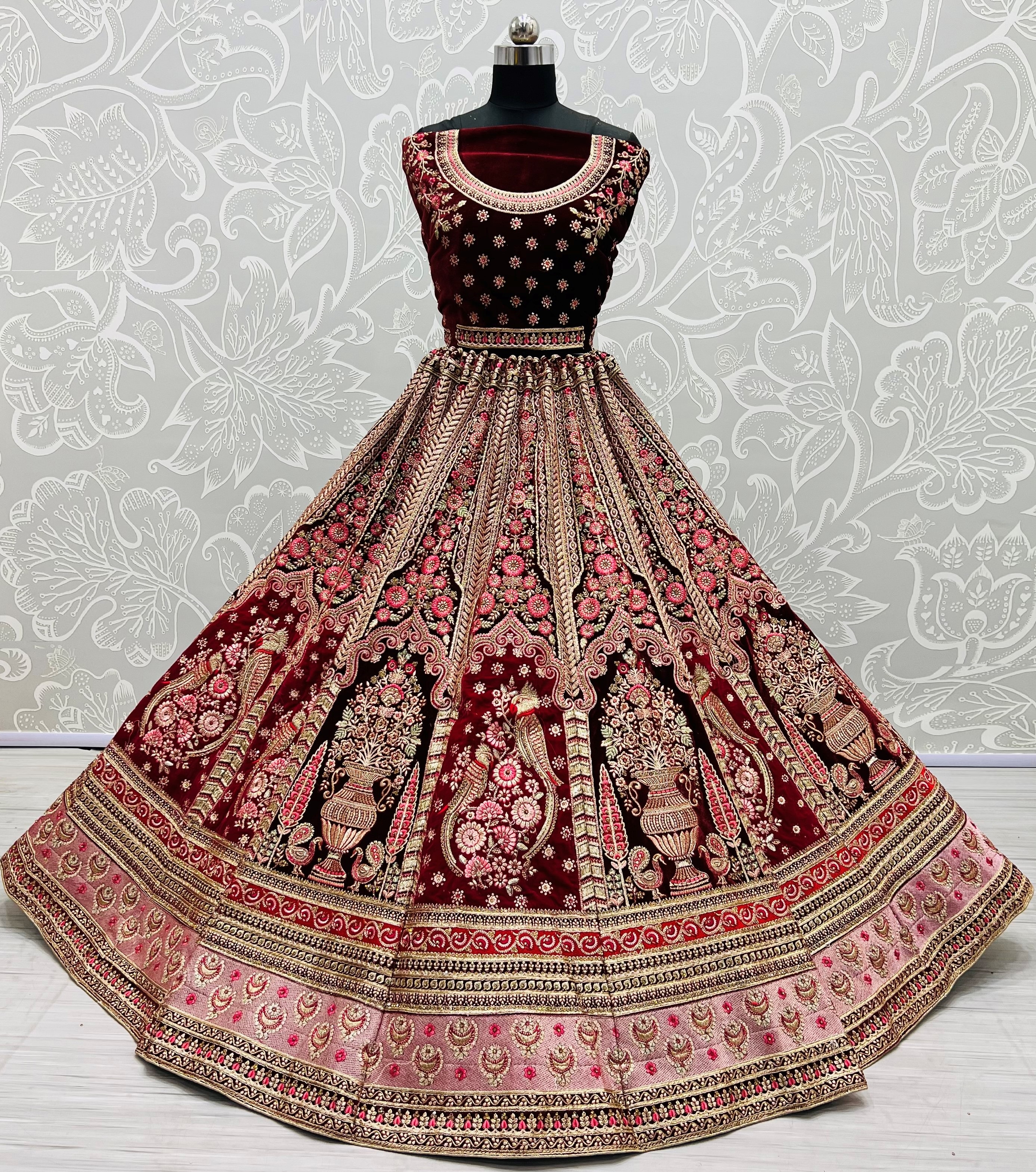 Velvet Wedding Lehenga Choli Maroon in Embroidered