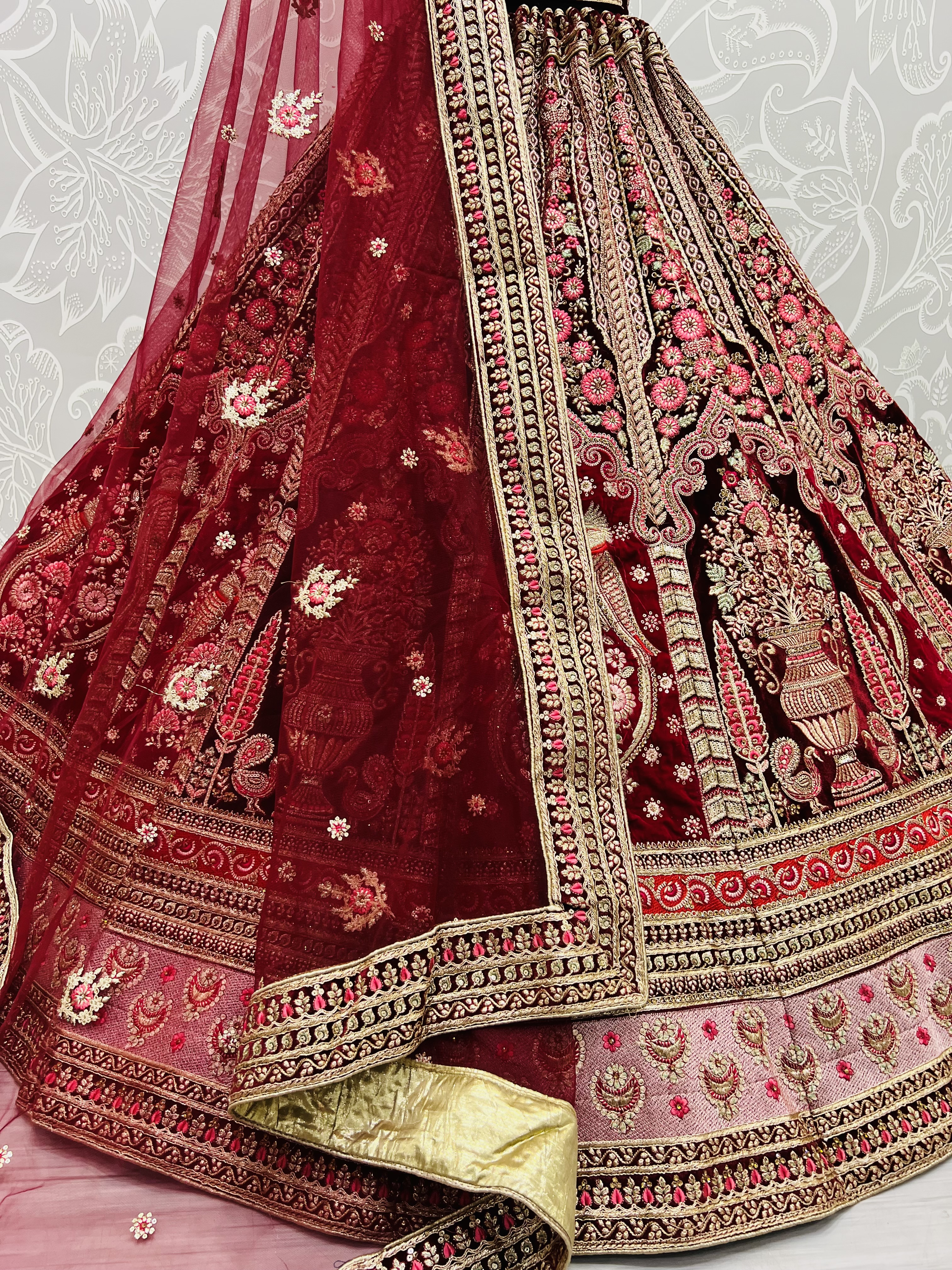 Velvet Wedding Lehenga Choli Maroon in Embroidered