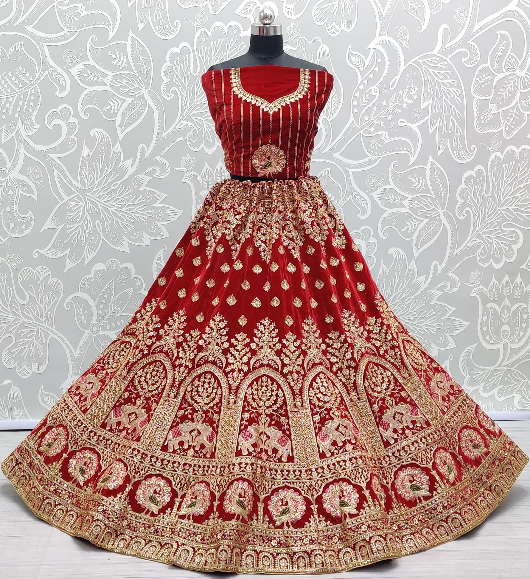 Velvet Embroidery Lehenga Choli In Red Colour