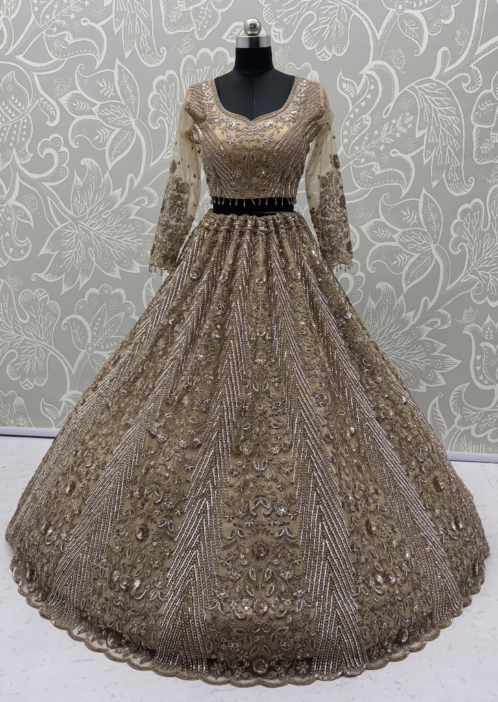 Gorgeous Beige Sequins Net Engagement Wear Lehenga Choli With Dupatta