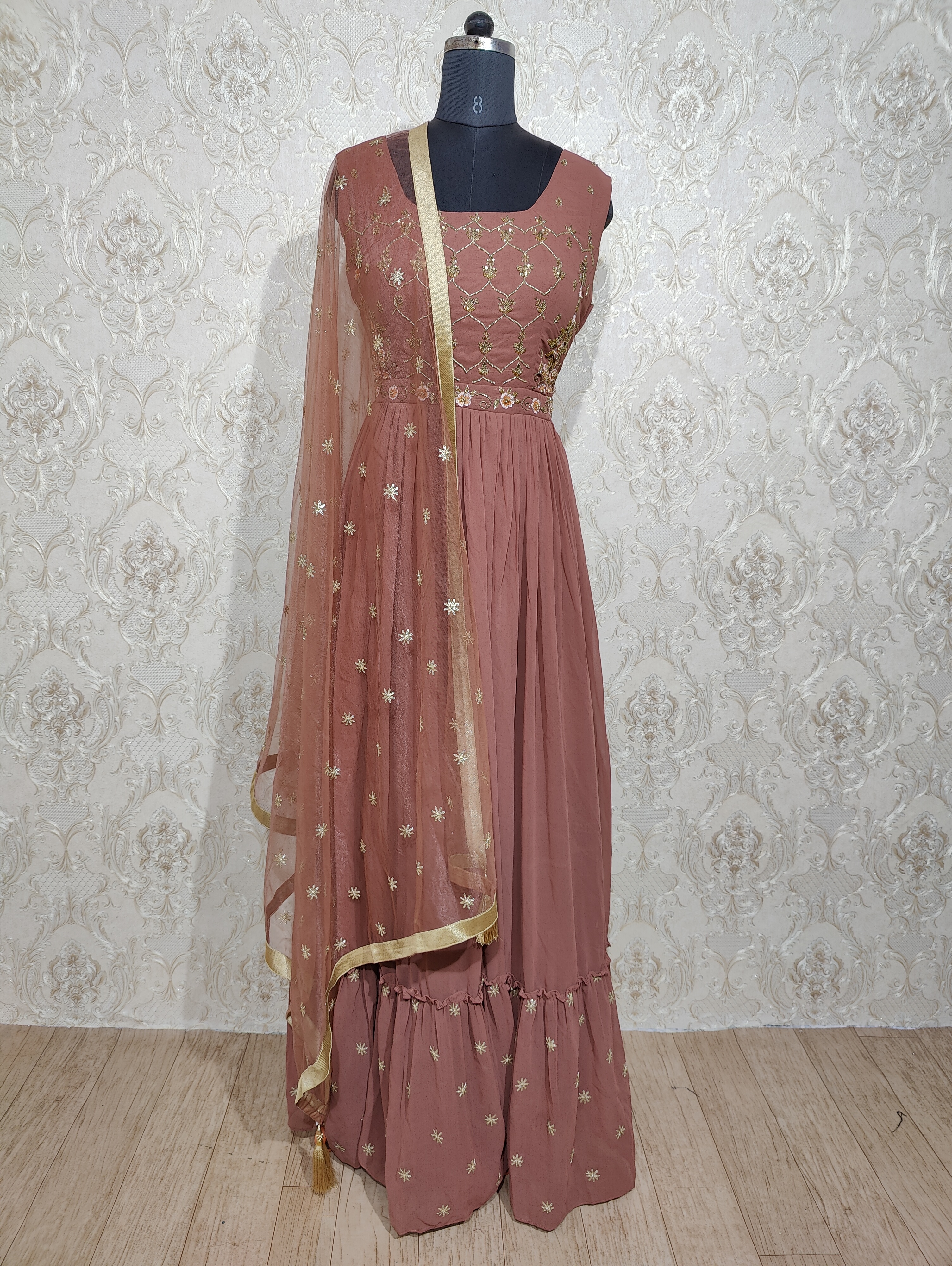 Party Style Peach Color Glorious Gown With Dupatta In Georgette Fabric
