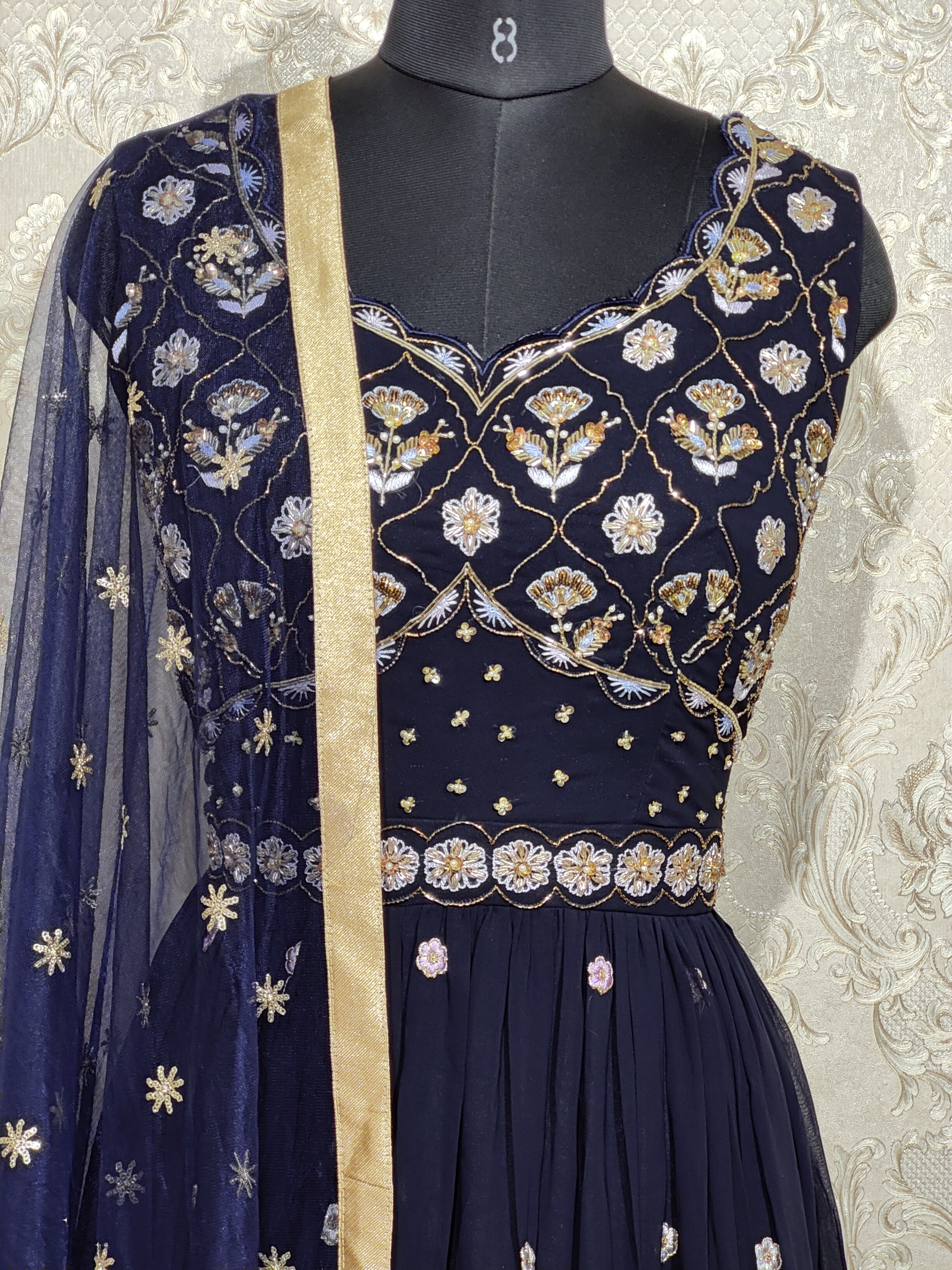 Navy Blue Readymade Designer Wedding Wear Faux Georgette Anarkali Suit