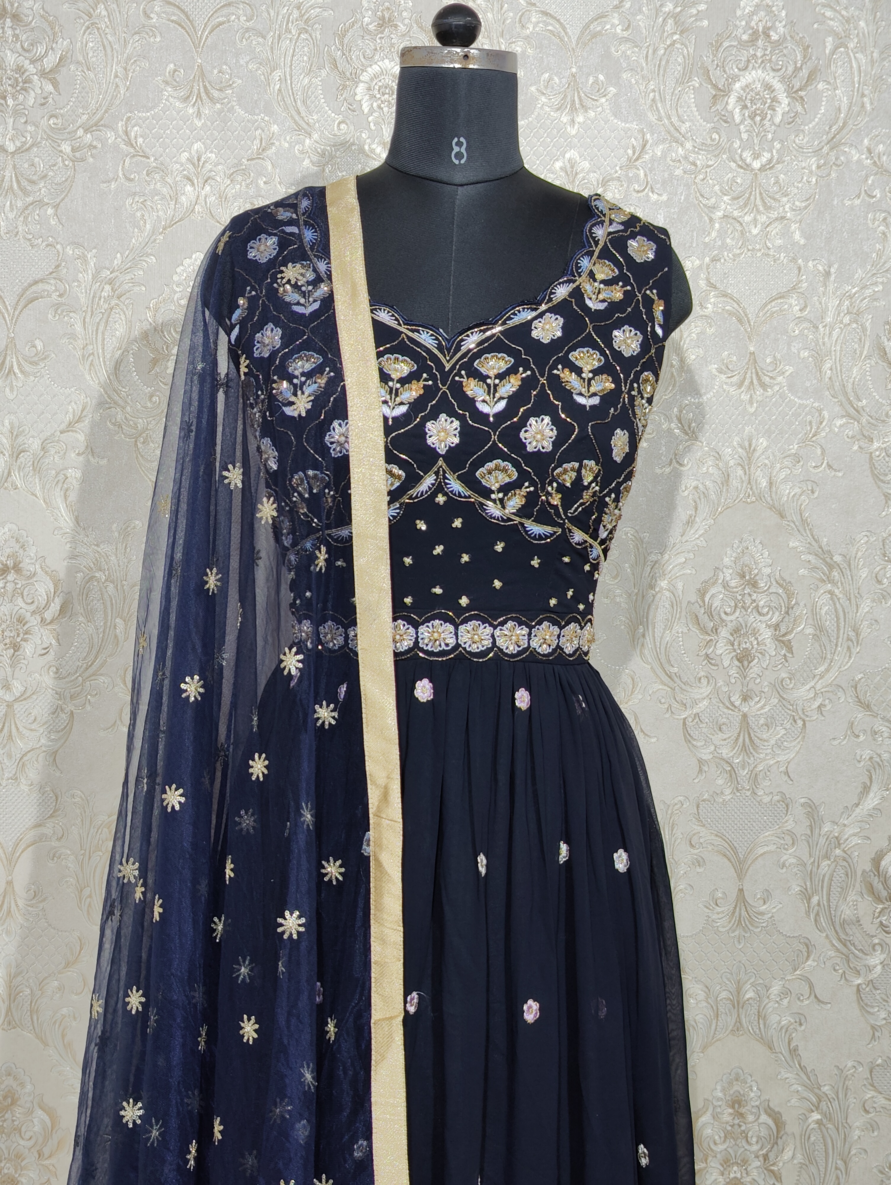 Navy Blue Readymade Designer Wedding Wear Faux Georgette Anarkali Suit