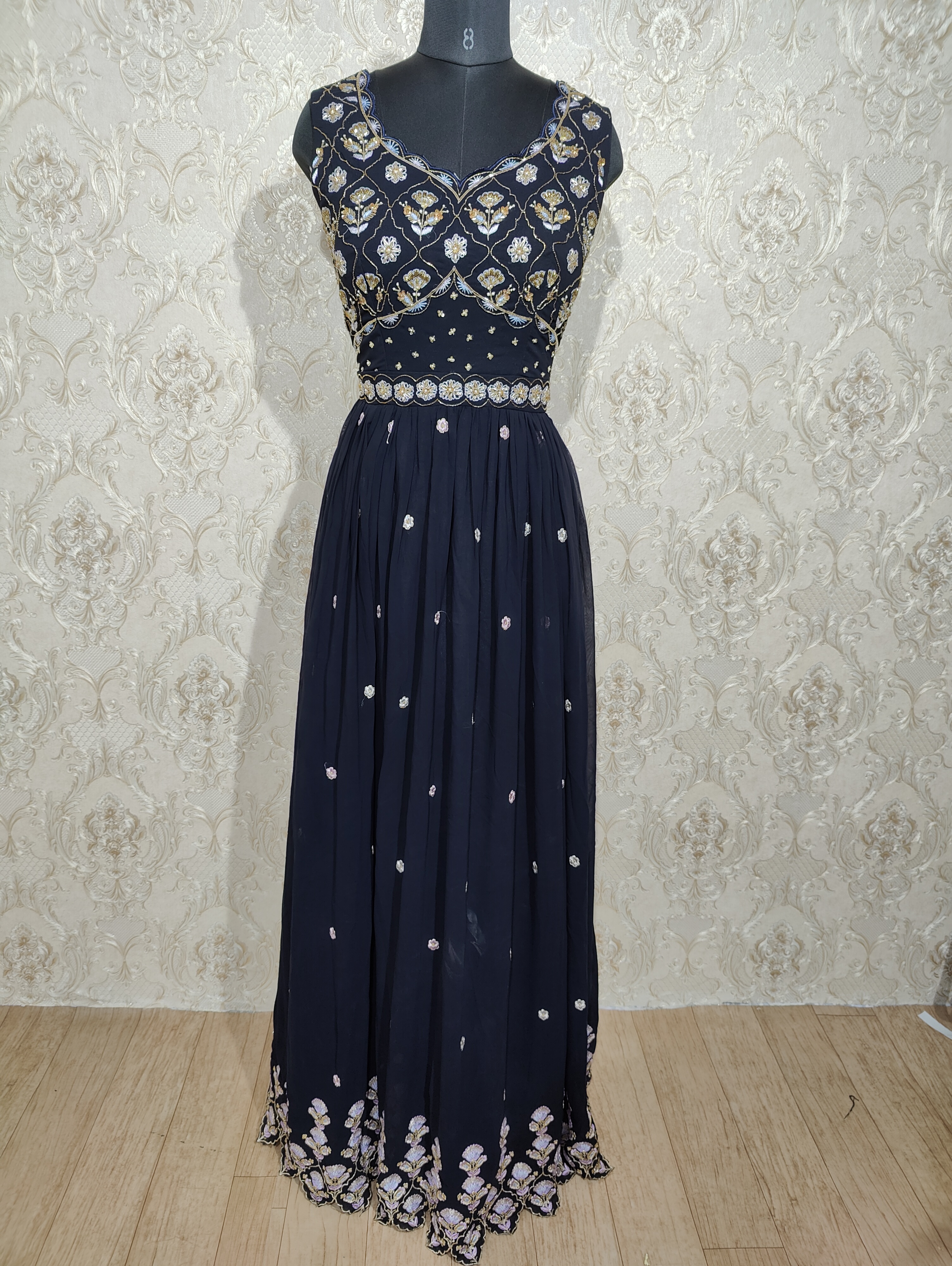 Navy Blue Readymade Designer Wedding Wear Faux Georgette Anarkali Suit