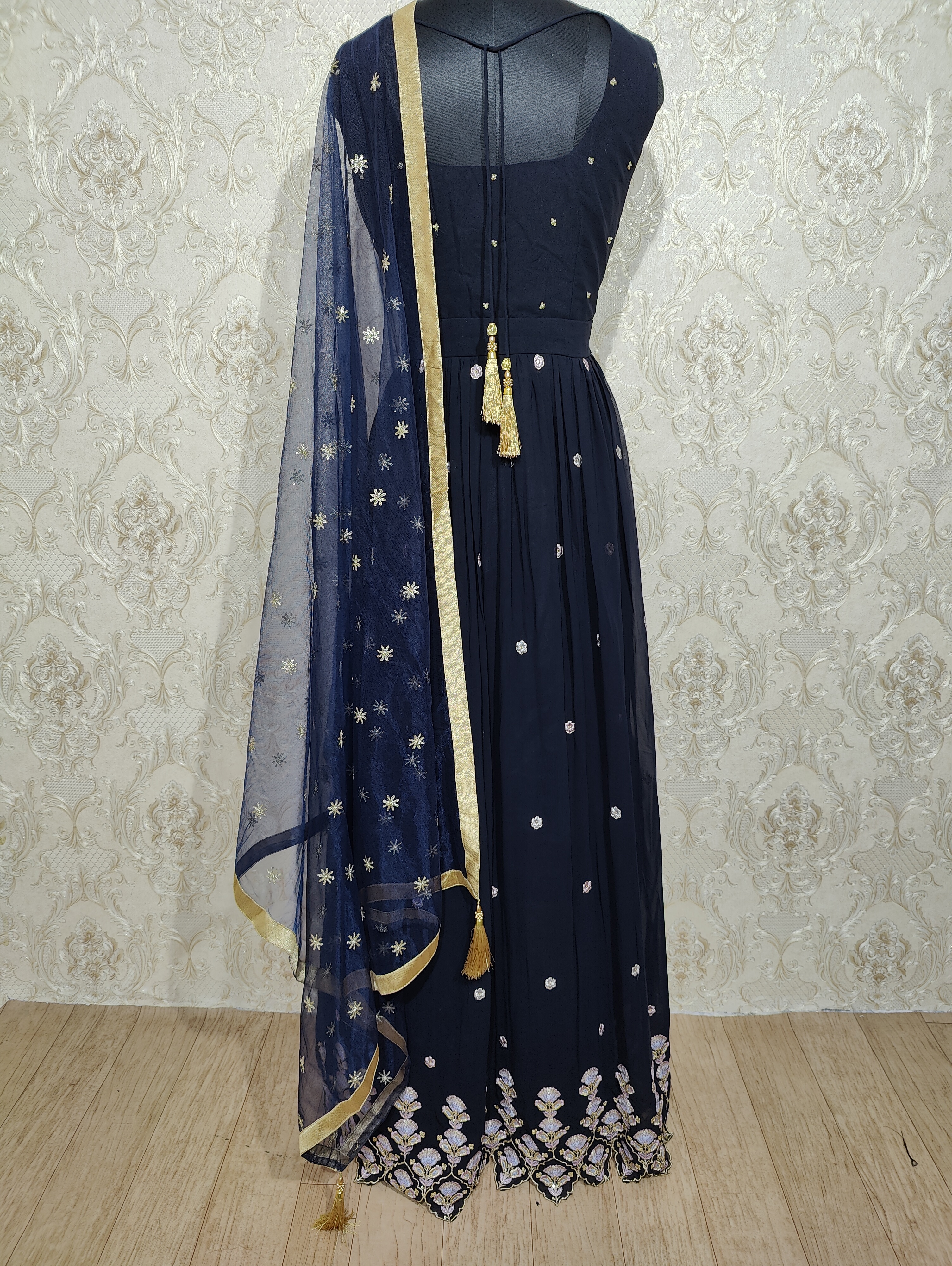 Navy Blue Readymade Designer Wedding Wear Faux Georgette Anarkali Suit