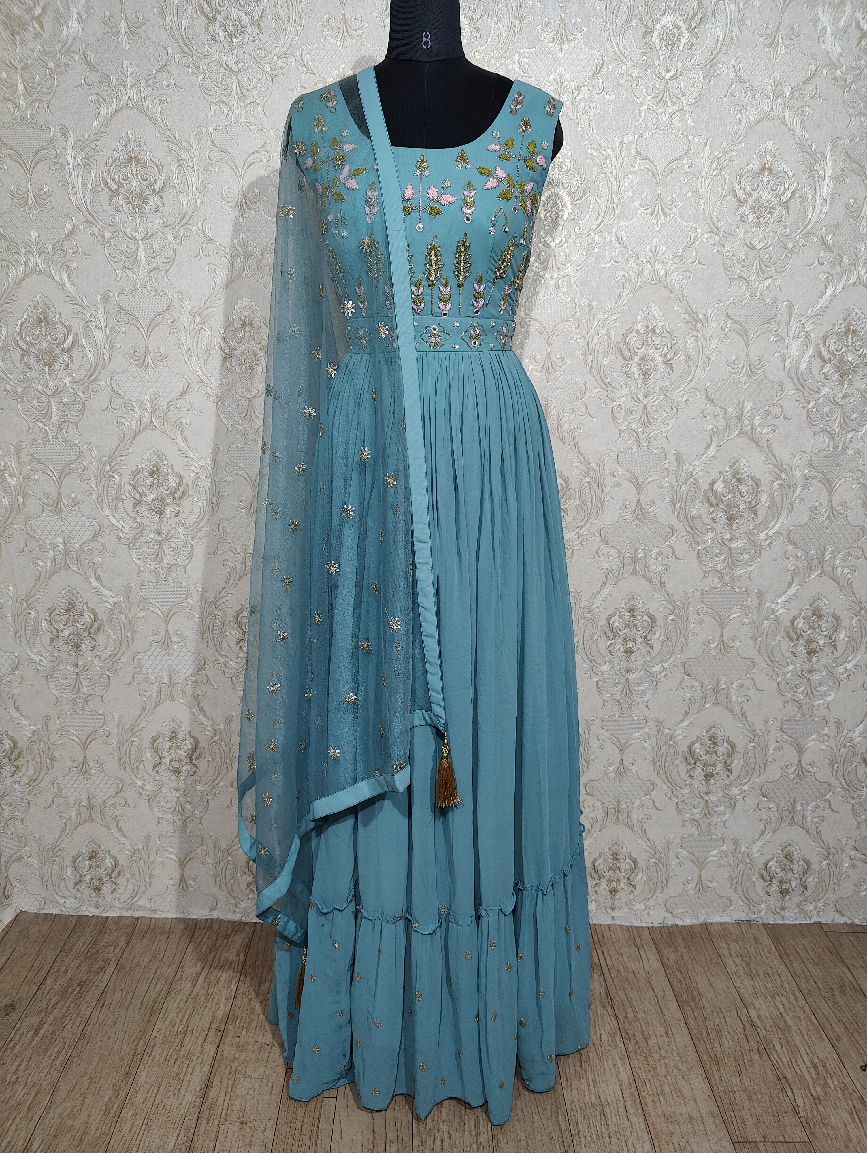  Sky Blue Faux Georgette Long Anarkali Suit