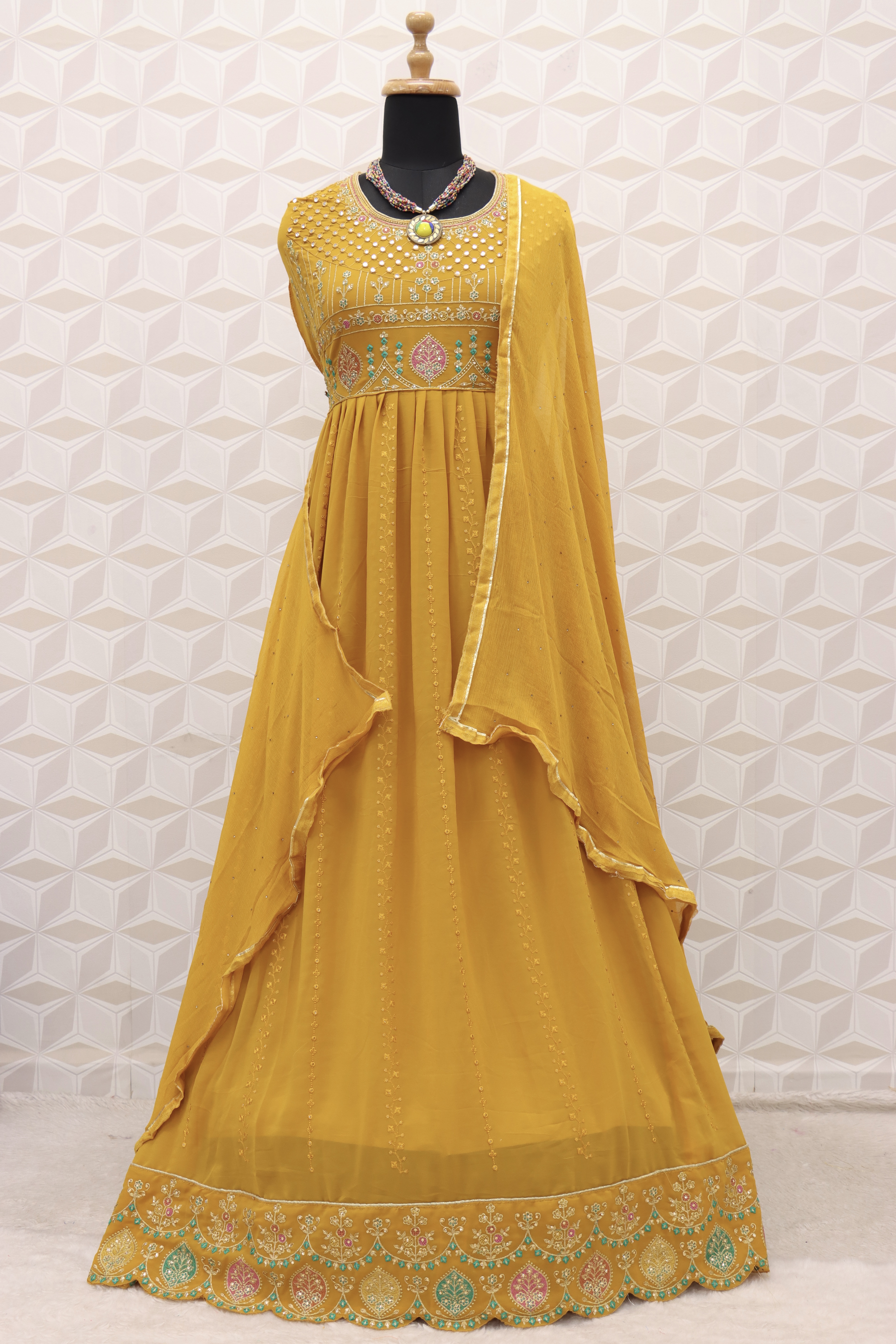 Mustard Gold Embroidered Belted Dress