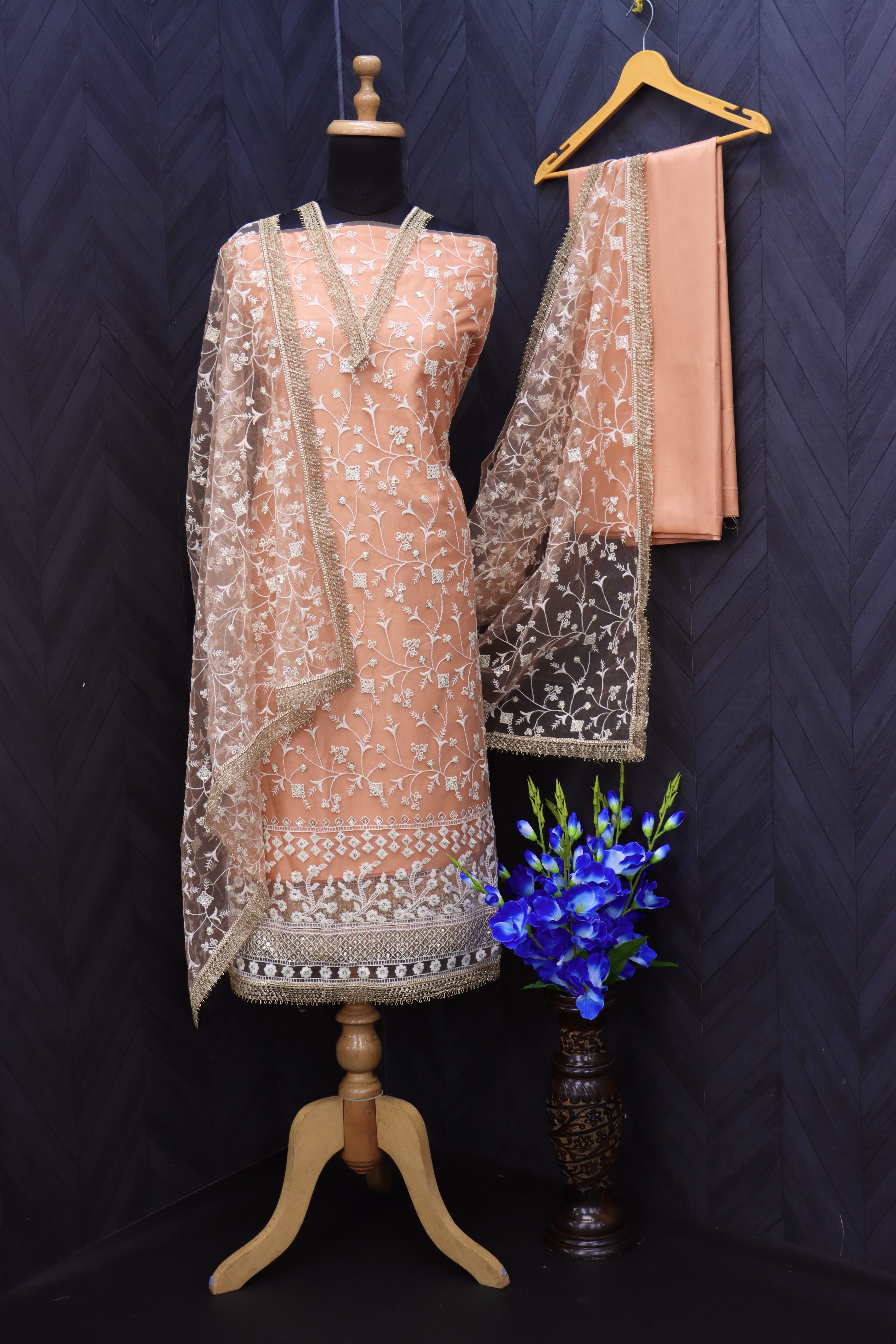 Embroidered Net Pakistani Suit in Peach