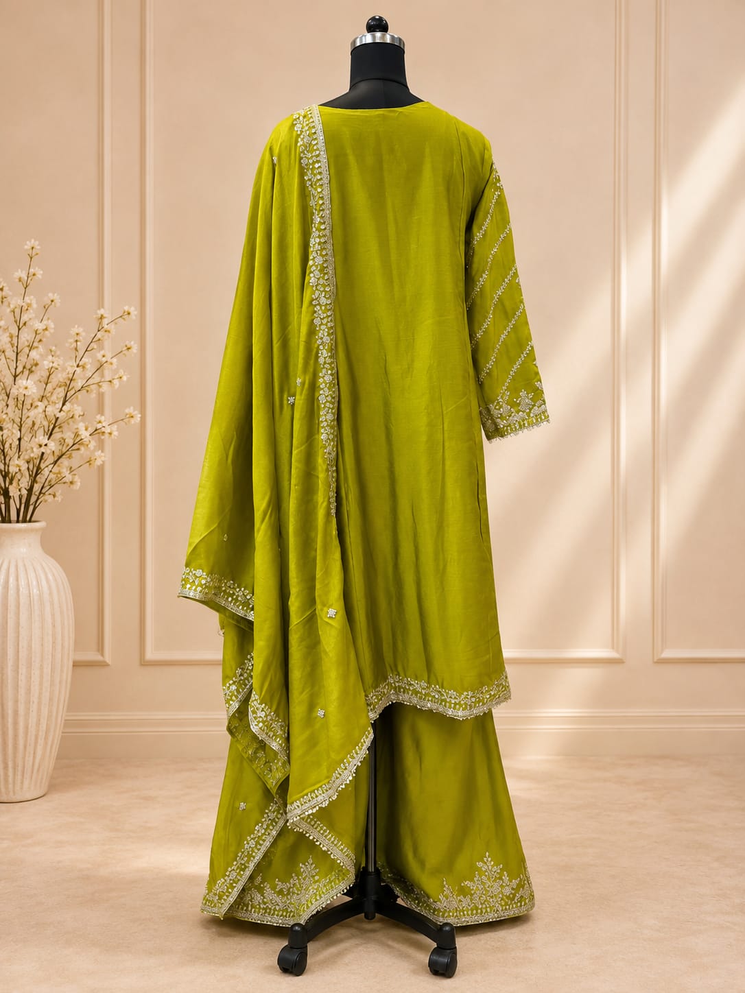 Green Chinon Palazzo Salwar Suit with Embroidered and Thread Work