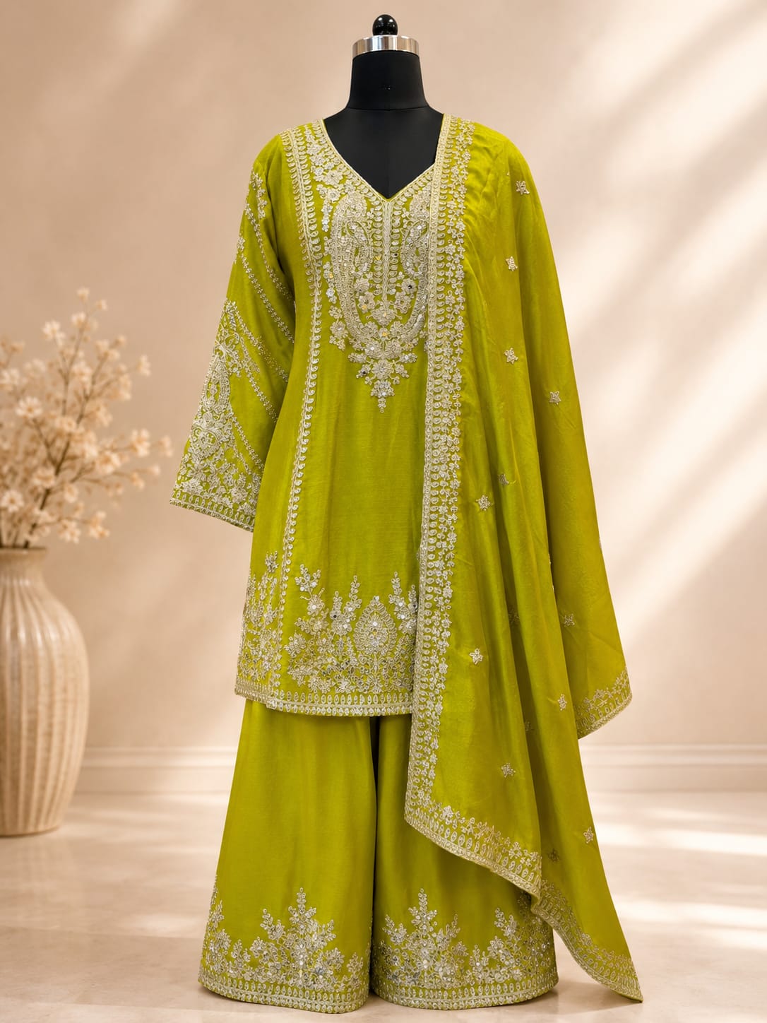Green Chinon Palazzo Salwar Suit with Embroidered and Thread Work