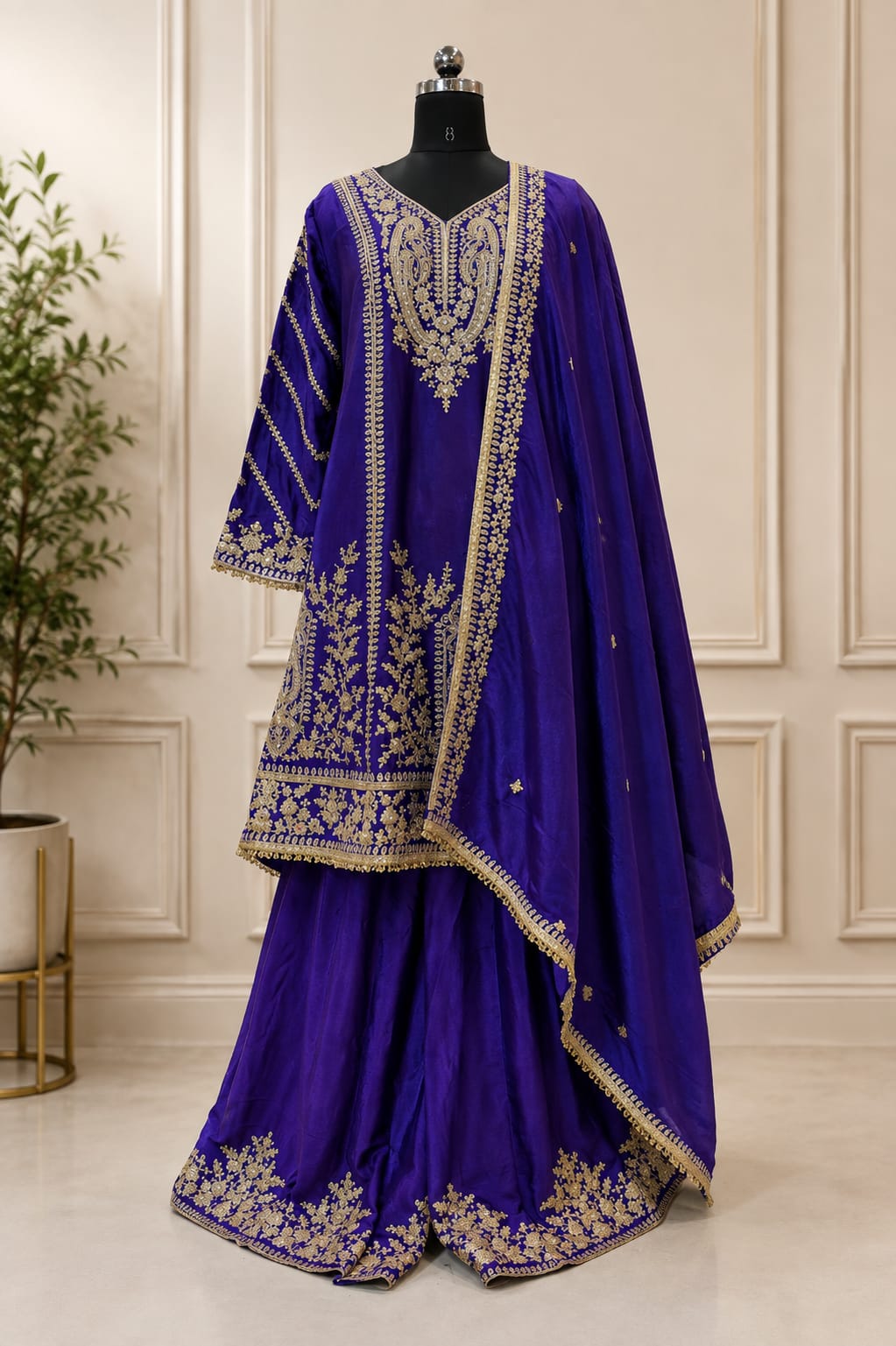 Embroidered and Thread Work Chinon Readymade Salwar Suit In Purple for Ceremonial