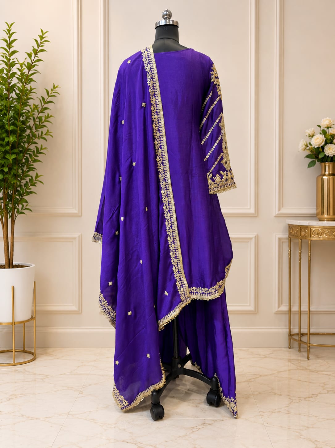Embroidered and Thread Work Chinon Readymade Salwar Suit In Purple for Ceremonial