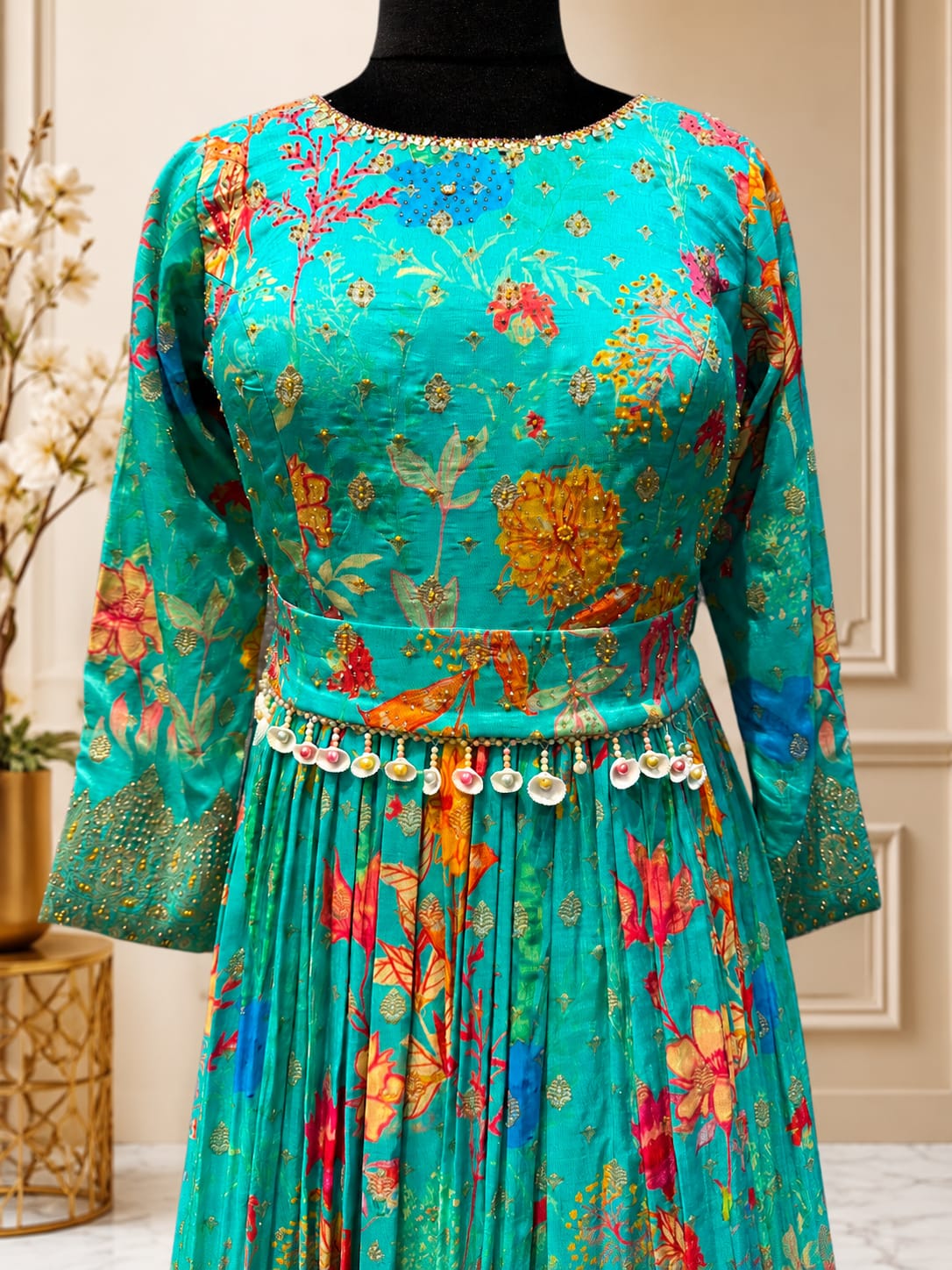 Turquoise Viscose Embroidered and Print Work Gown for Ceremonial