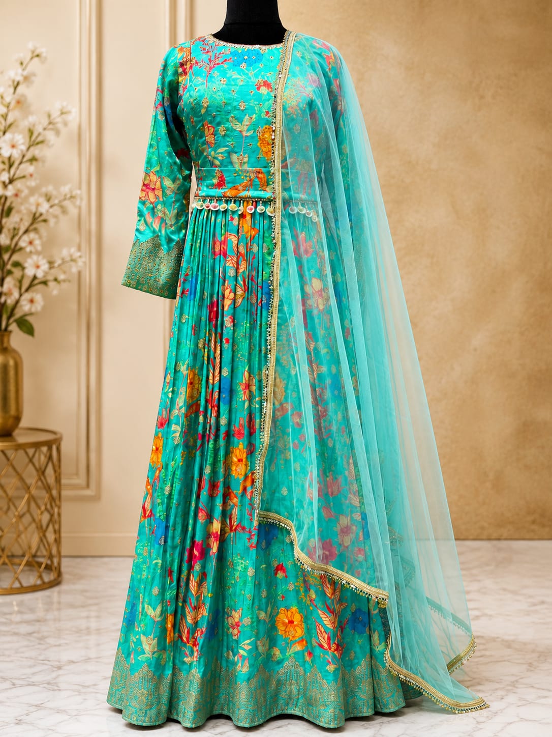 Turquoise Viscose Embroidered and Print Work Gown for Ceremonial