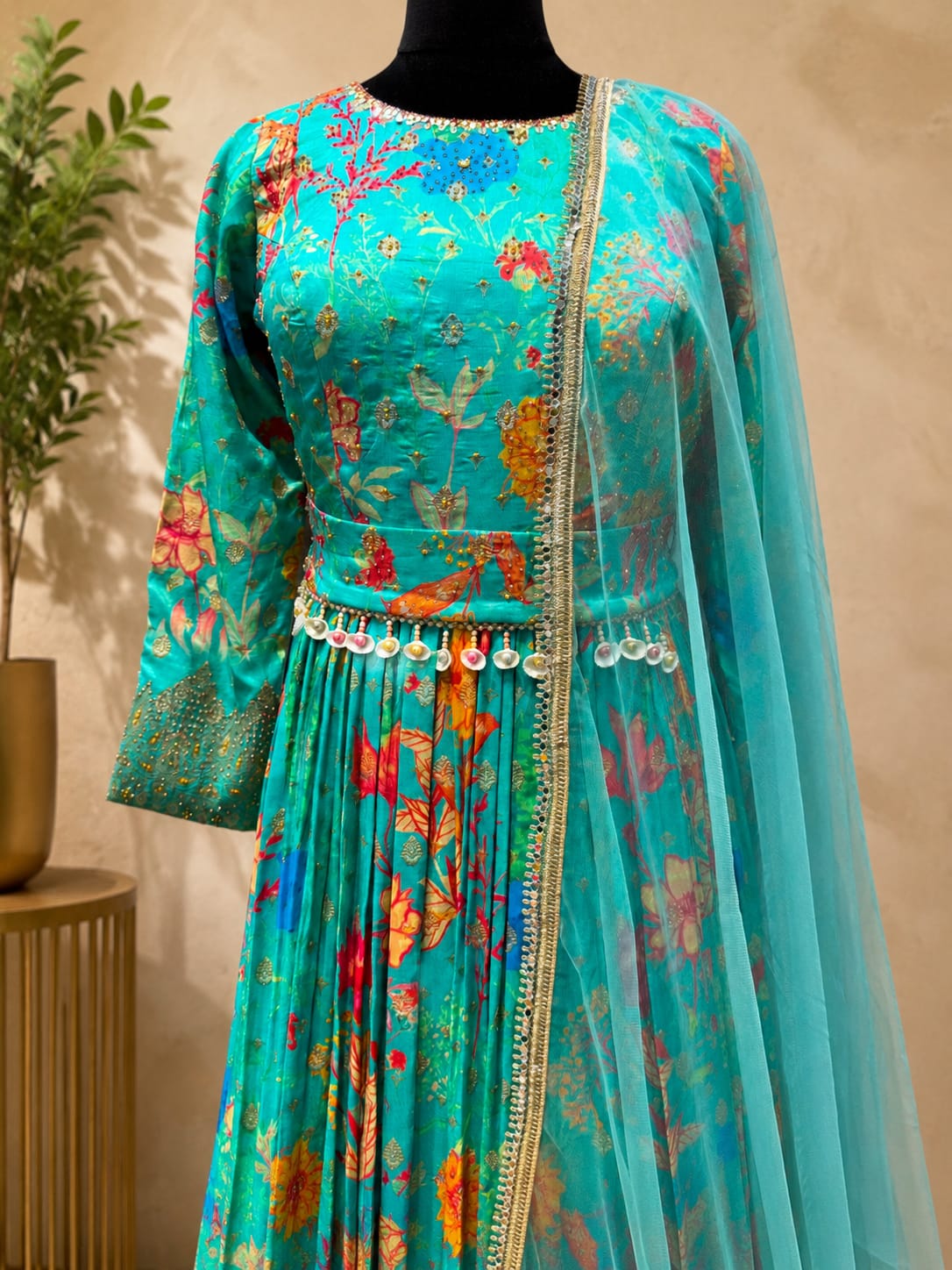 Turquoise Viscose Embroidered and Print Work Gown for Ceremonial