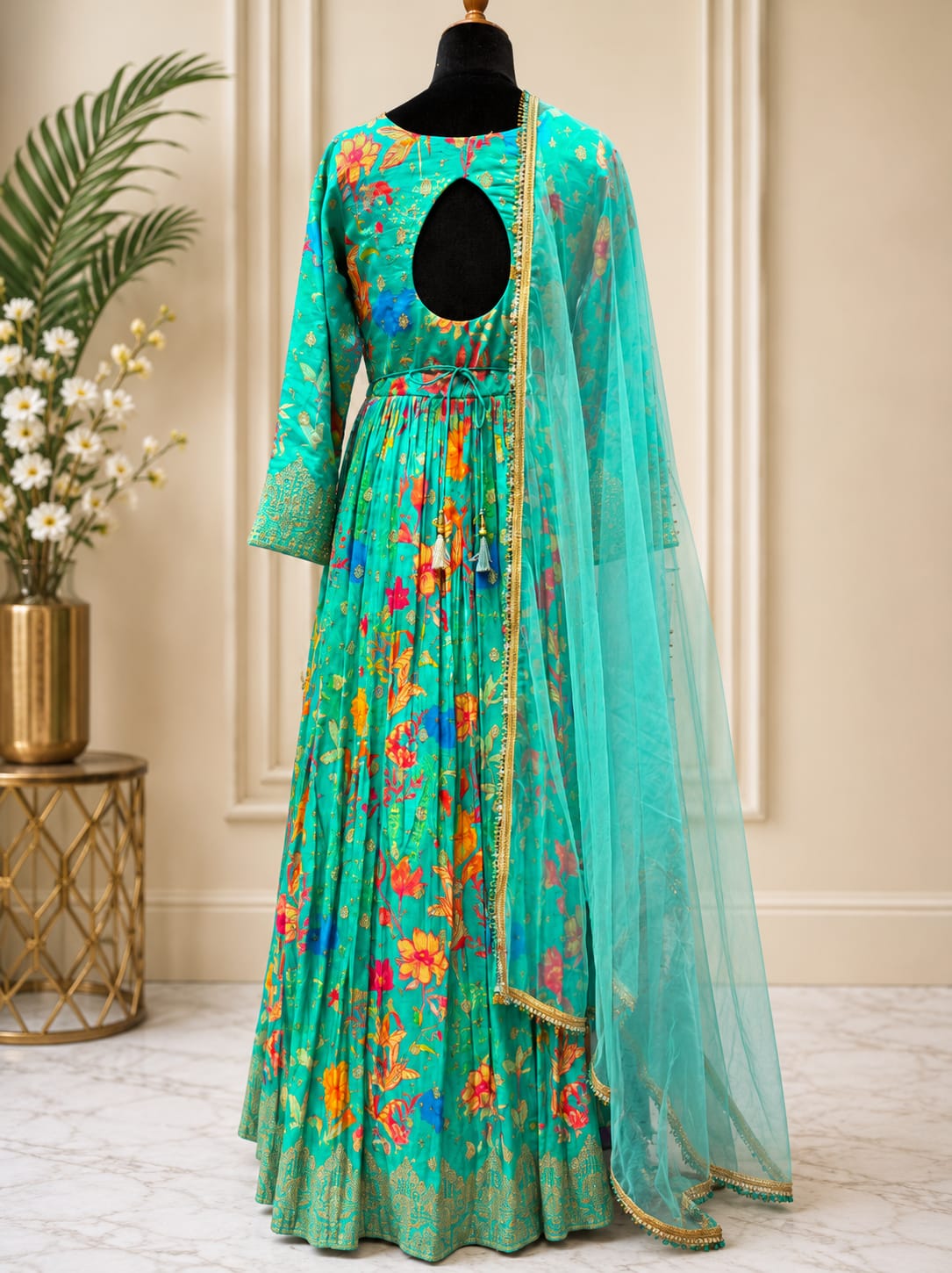Turquoise Viscose Embroidered and Print Work Gown for Ceremonial