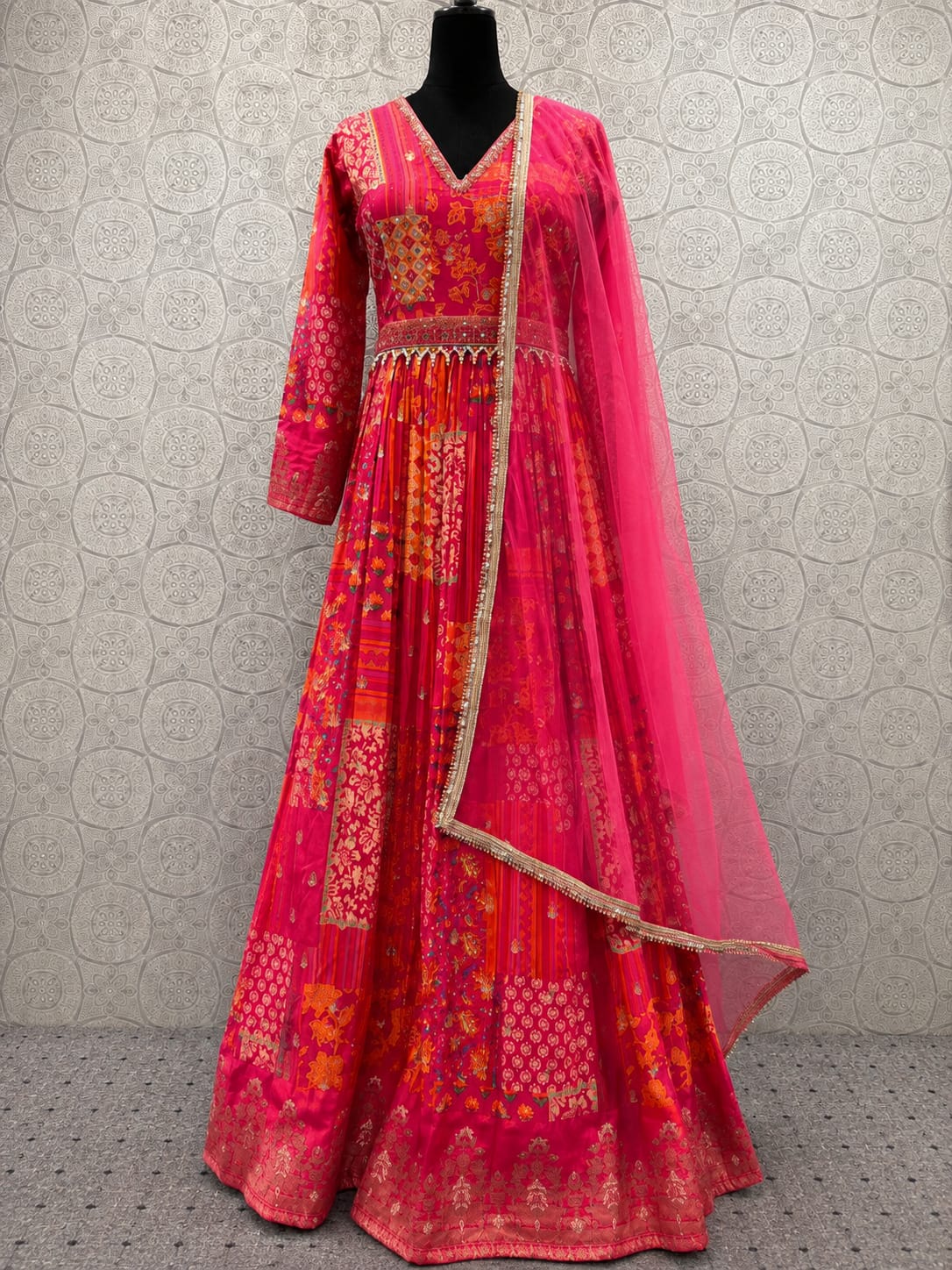 Pink Viscose Designer Gown with Embroidered and Print Work