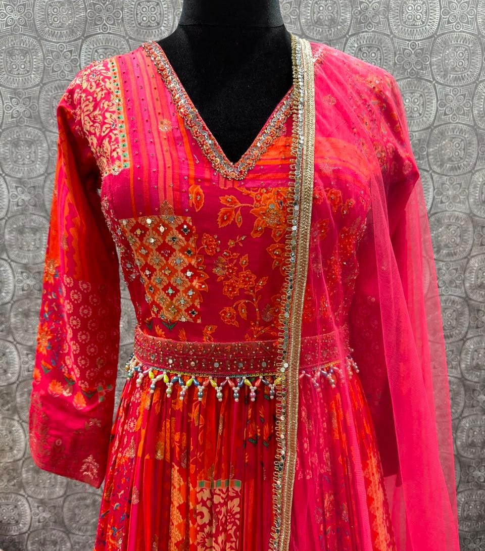 Pink Viscose Designer Gown with Embroidered and Print Work