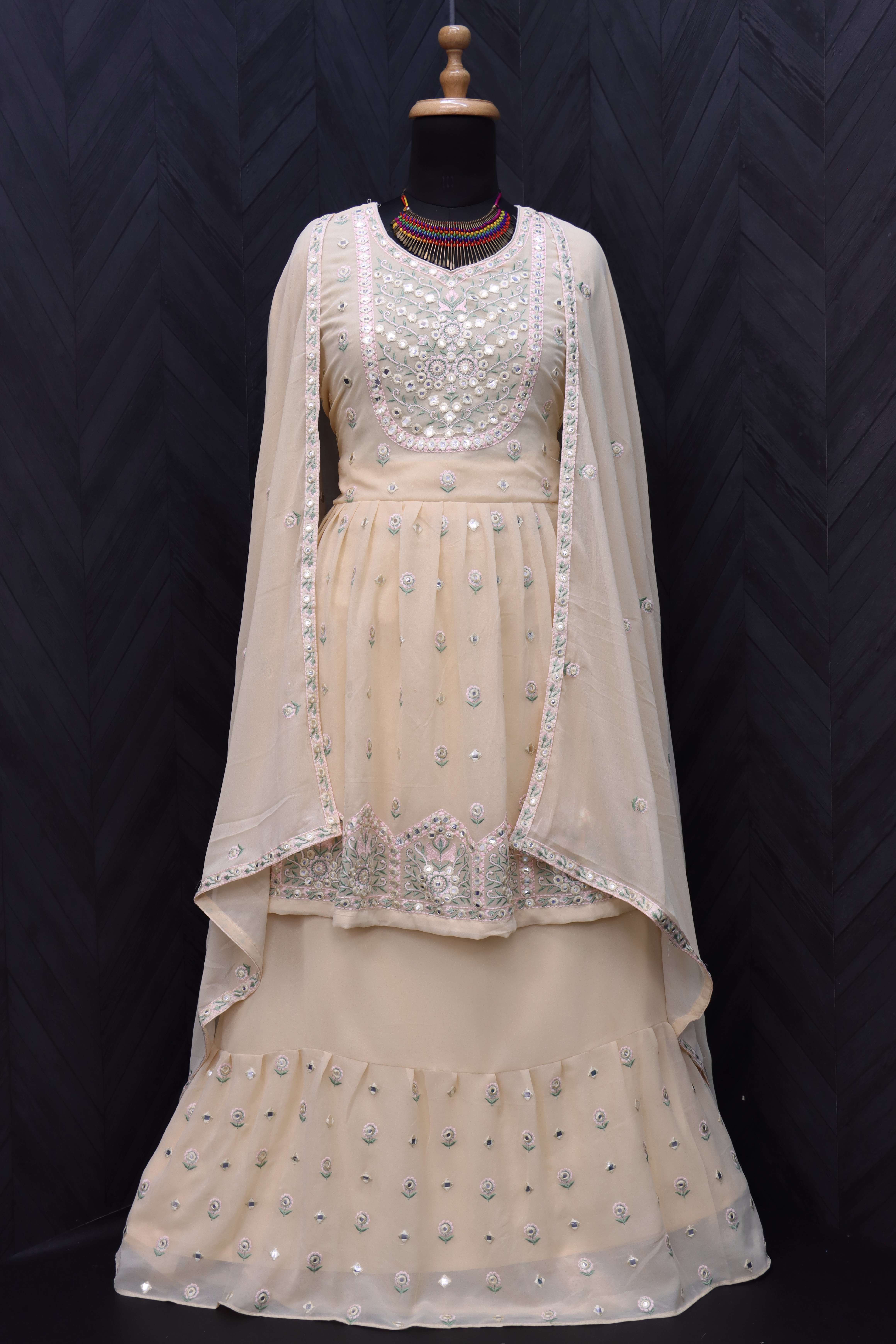 Embroidered Georgette Lehenga in light yellow
