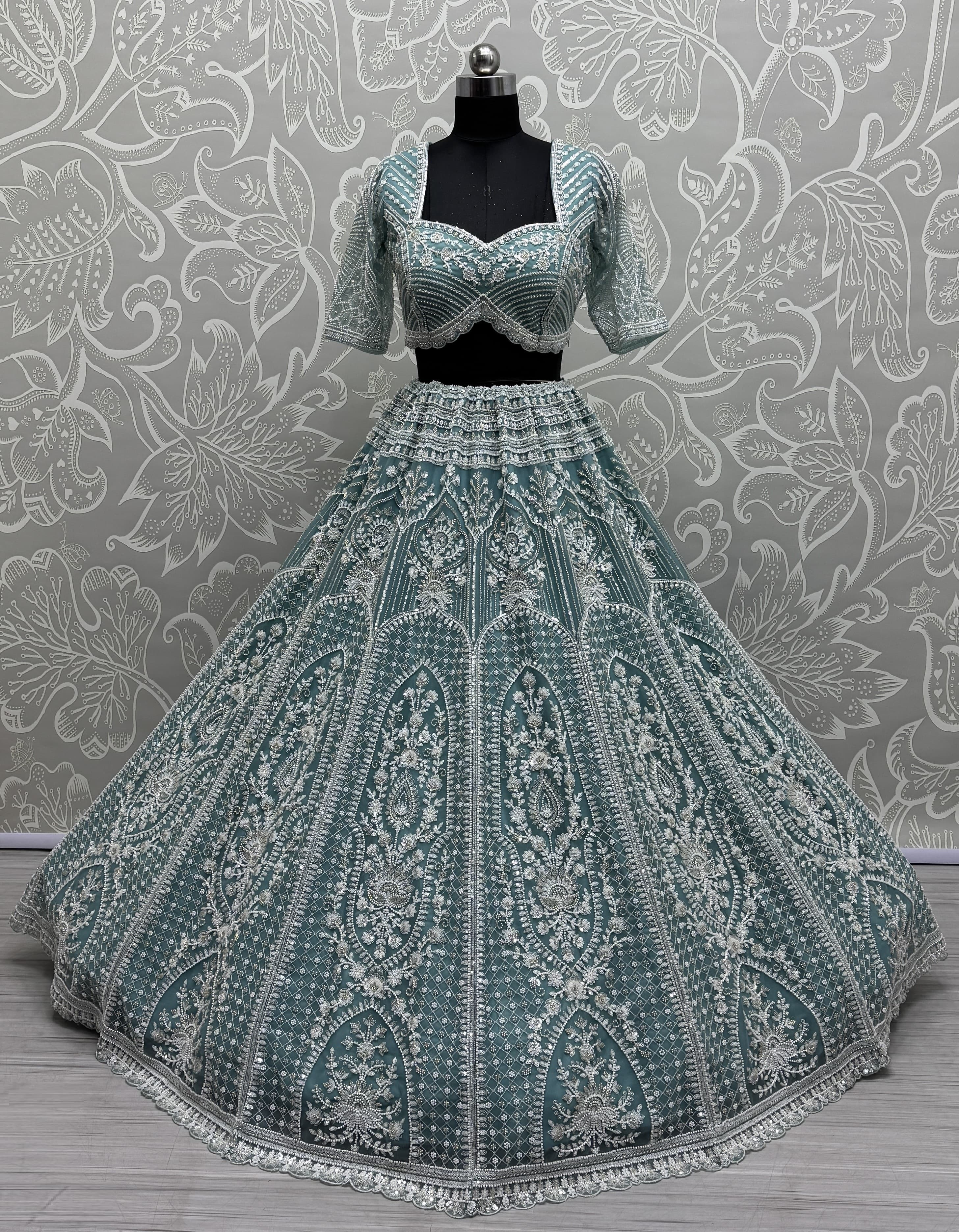 Stunning Beads and Motif  work combine Blue Designer lehenga choli with stitch Blouse