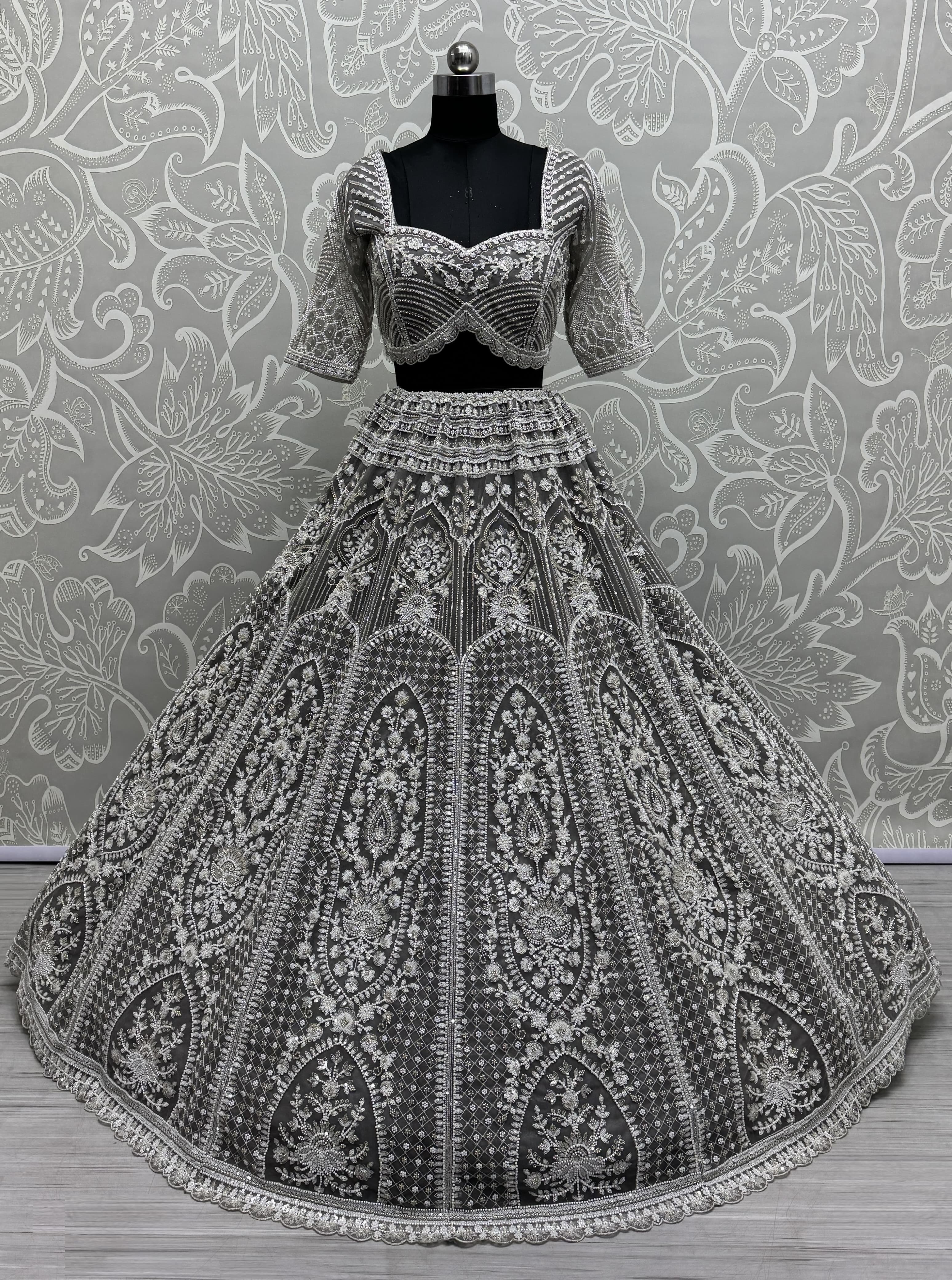Stunning Beads and Motif Grey work combine Designer lehenga choli with stitch Blouse