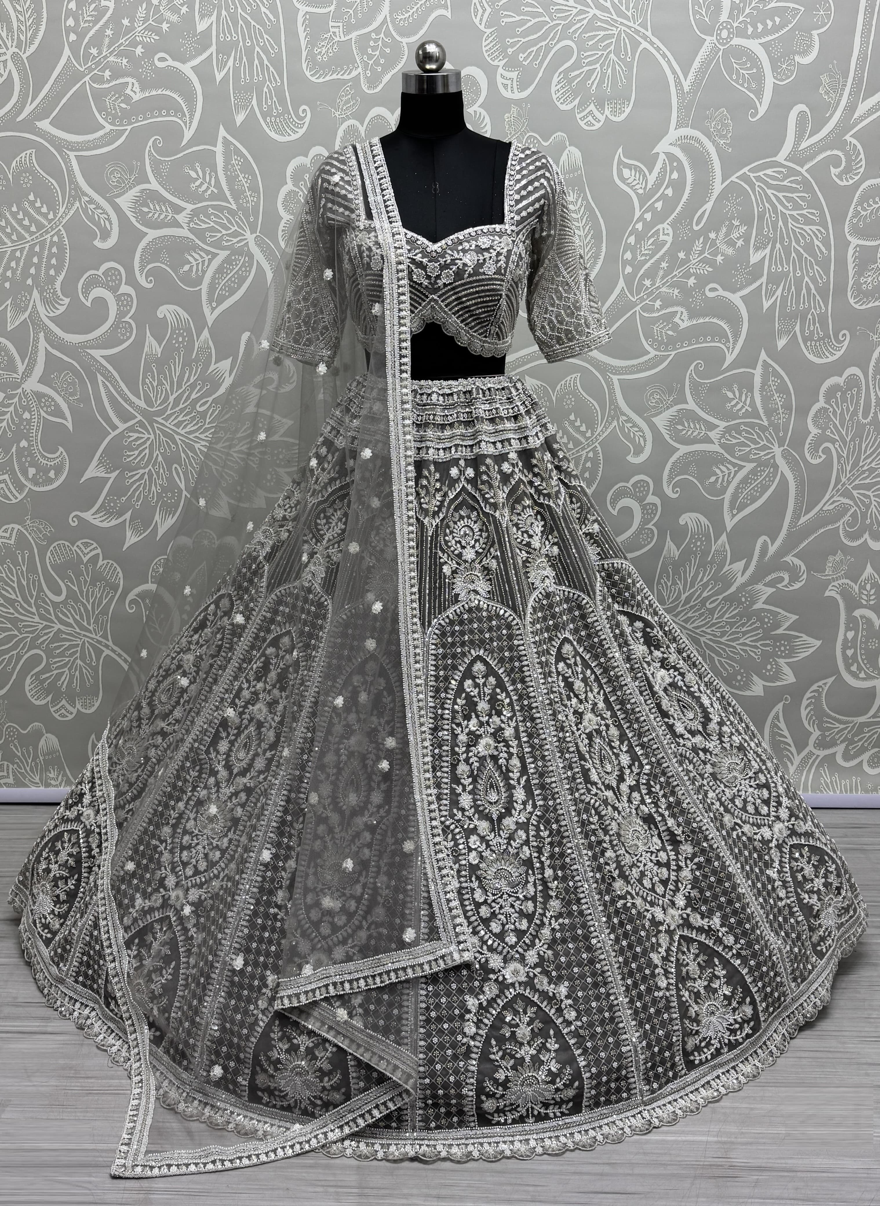 Stunning Beads and Motif Grey work combine Designer lehenga choli with stitch Blouse