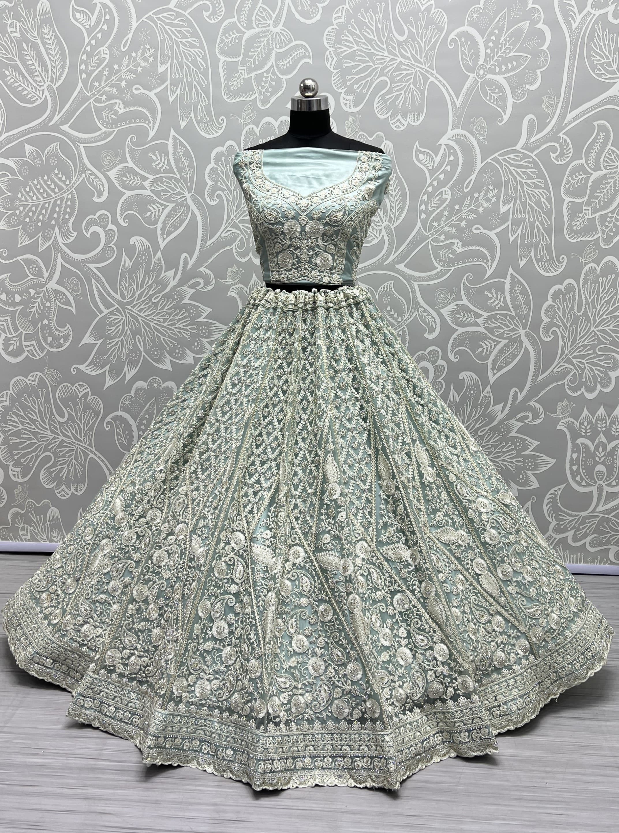 Dori and Zircon Diamond Blue Combine Designer Partywear Lehengacholi