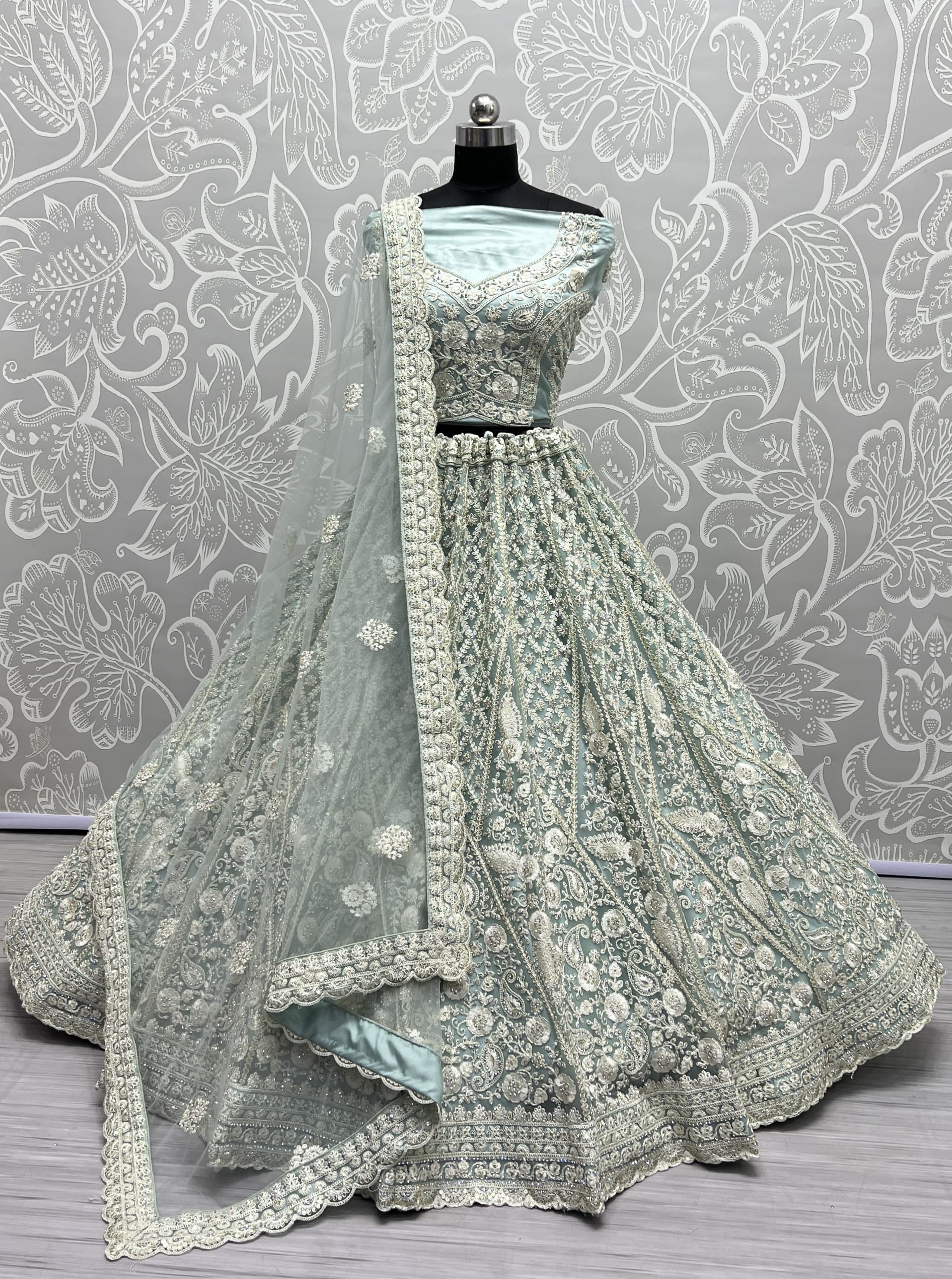 Dori and Zircon Diamond Blue Combine Designer Partywear Lehengacholi