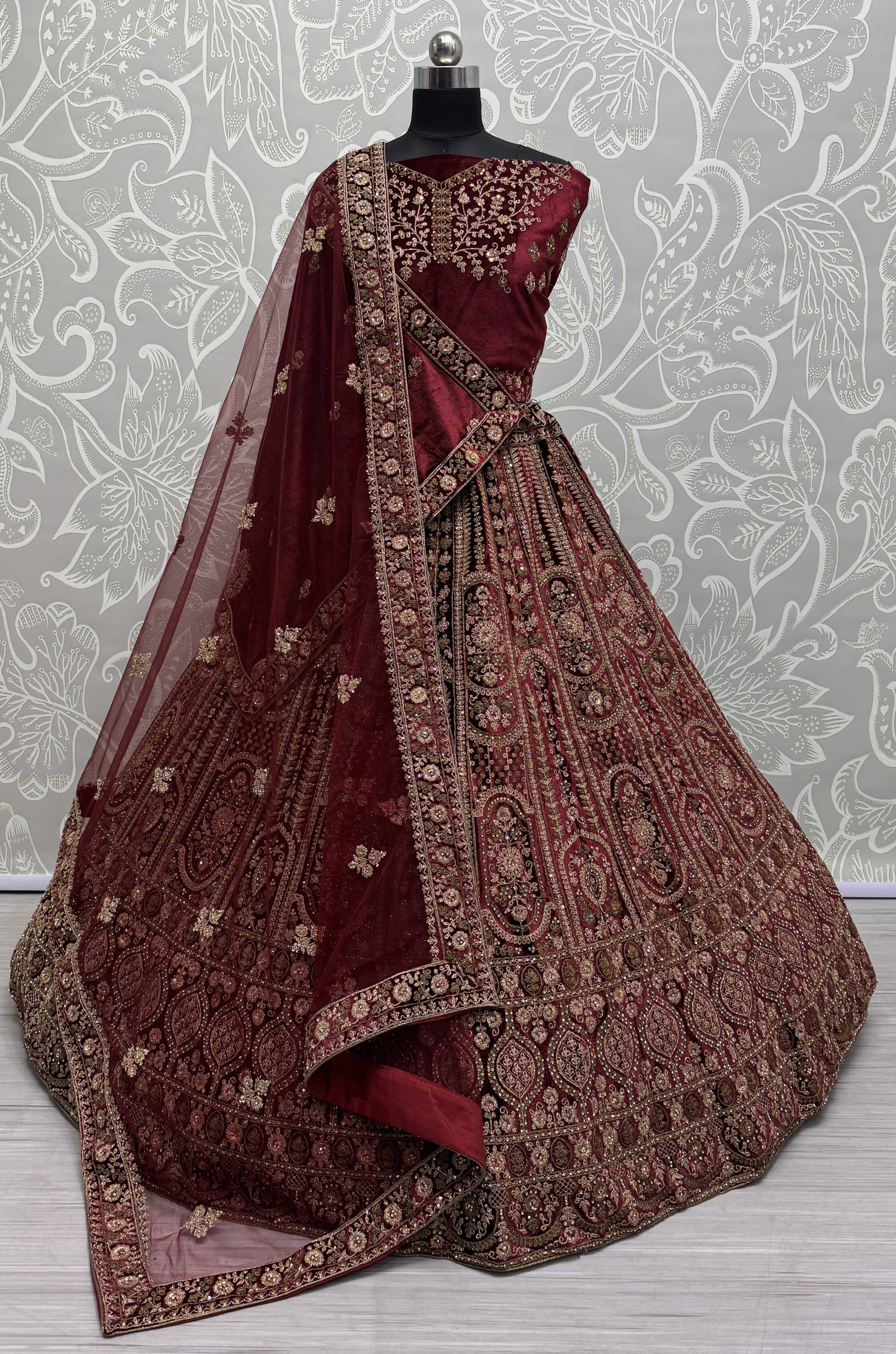 Double dupatta combine Velvet Maroon Lehenga choli in Dori work