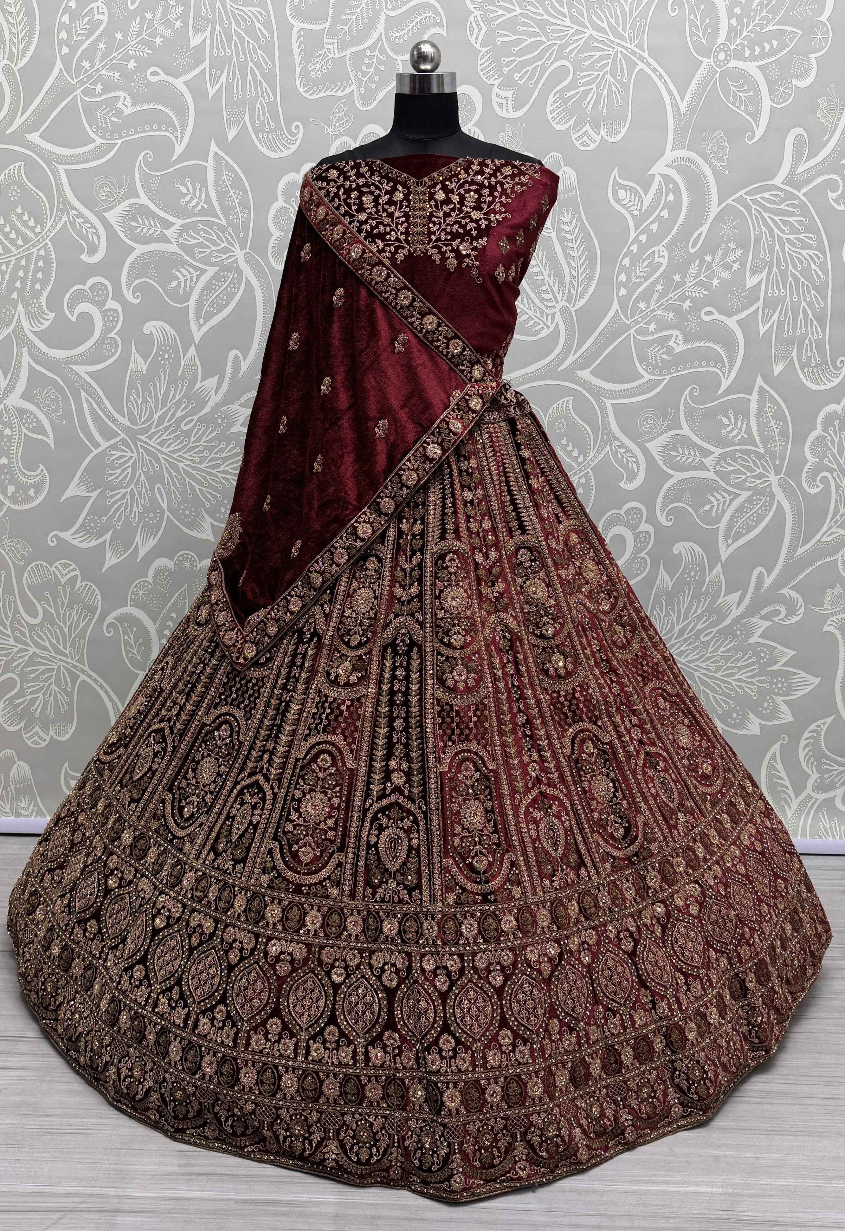 Double dupatta combine Velvet Maroon Lehenga choli in Dori work