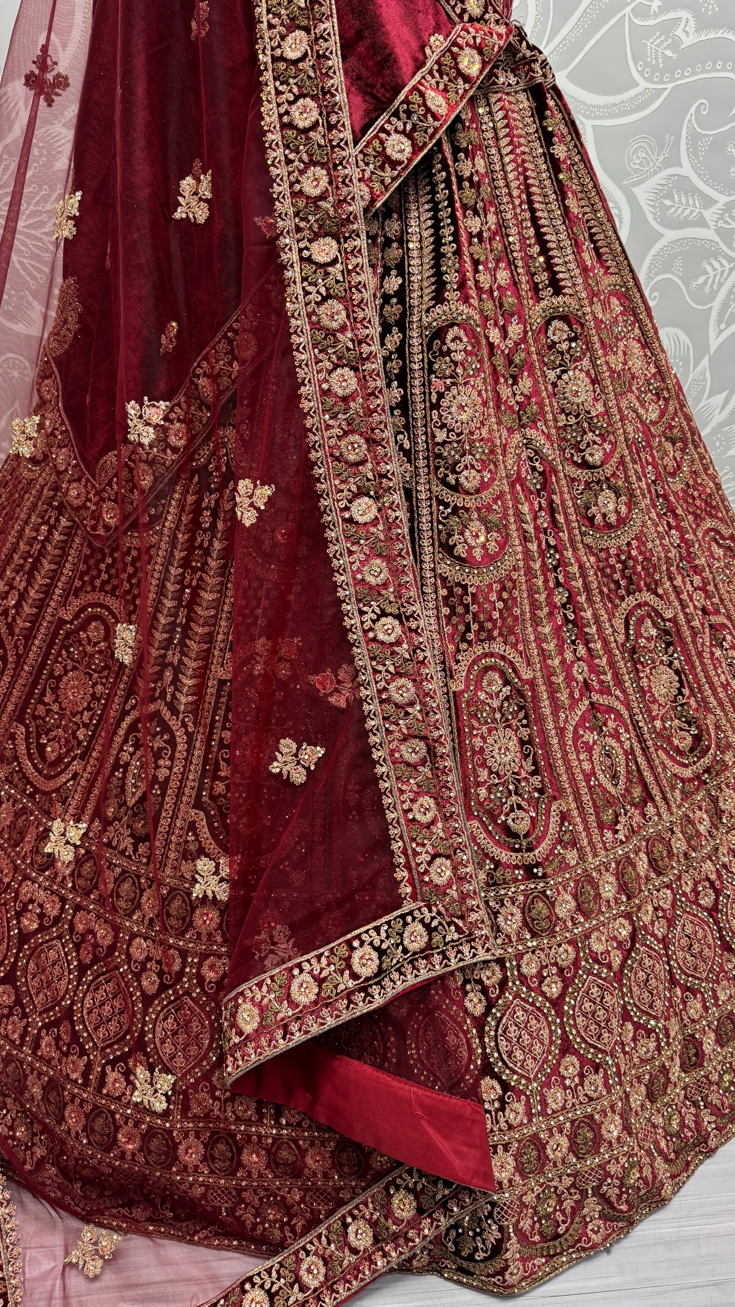 Double dupatta combine Velvet Maroon Lehenga choli in Dori work