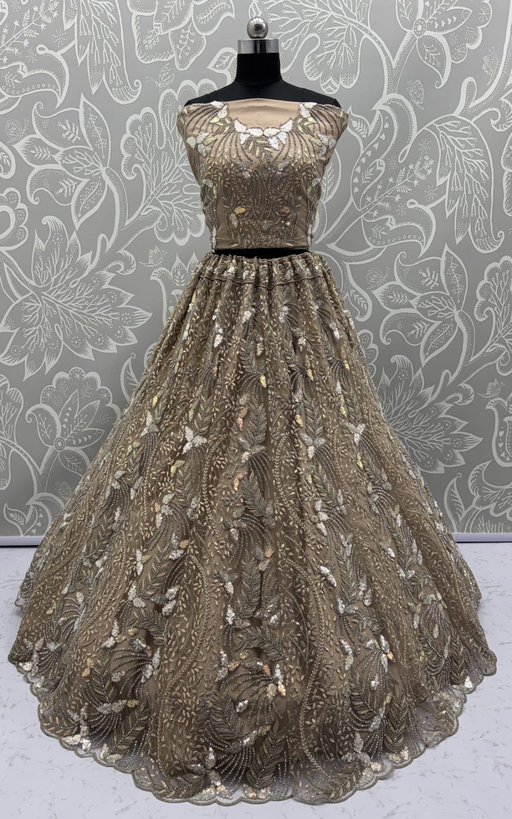 Beautiful Golden Dupatta on  Matching Designer Embroidered Reception wear Lehenga choli 