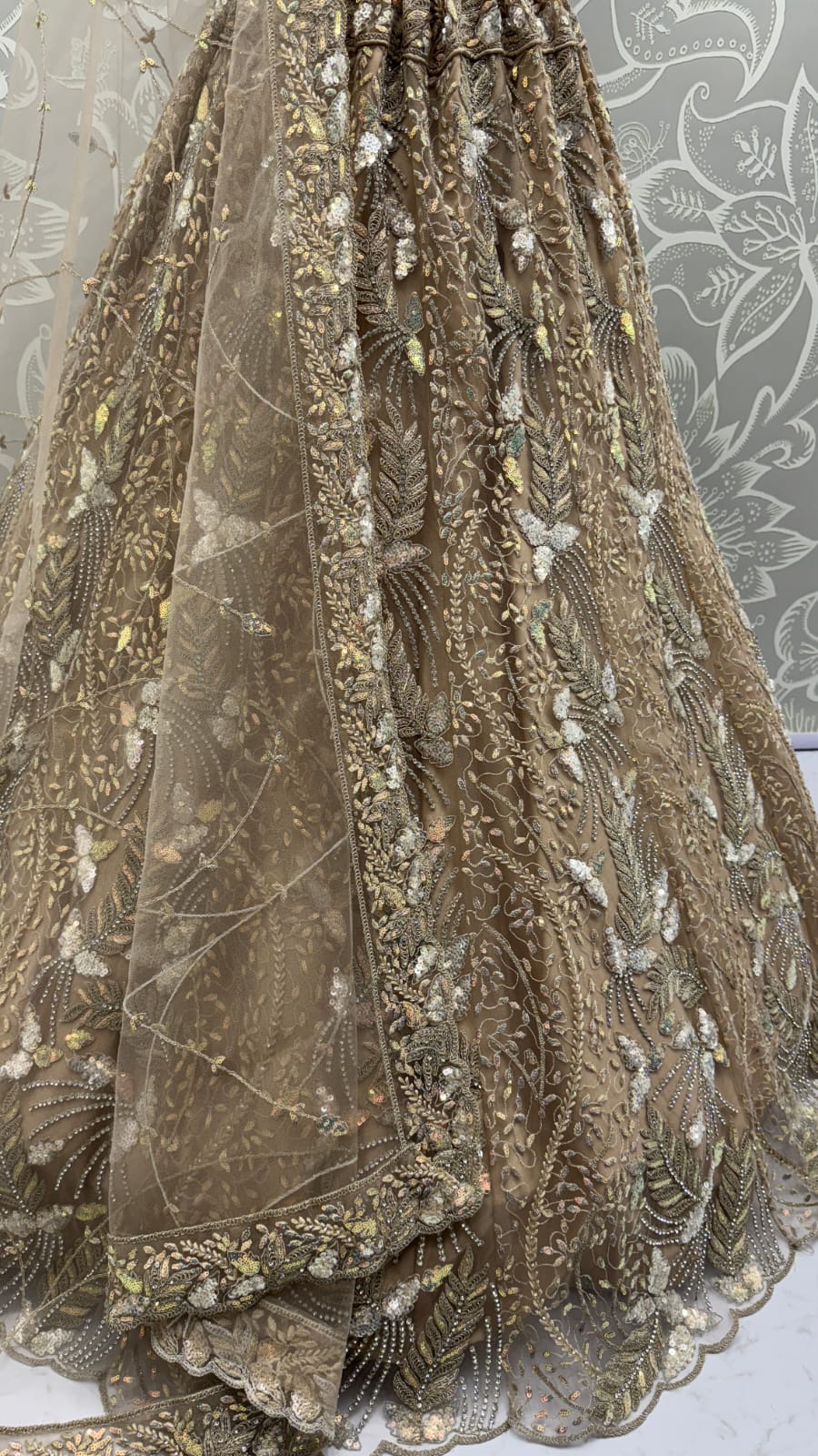 Beautiful Golden Dupatta on  Matching Designer Embroidered Reception wear Lehenga choli 