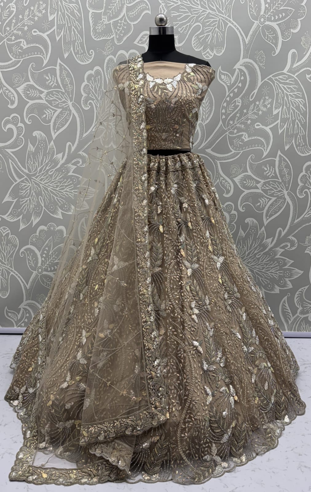 Beautiful Golden Dupatta on  Matching Designer Embroidered Reception wear Lehenga choli 