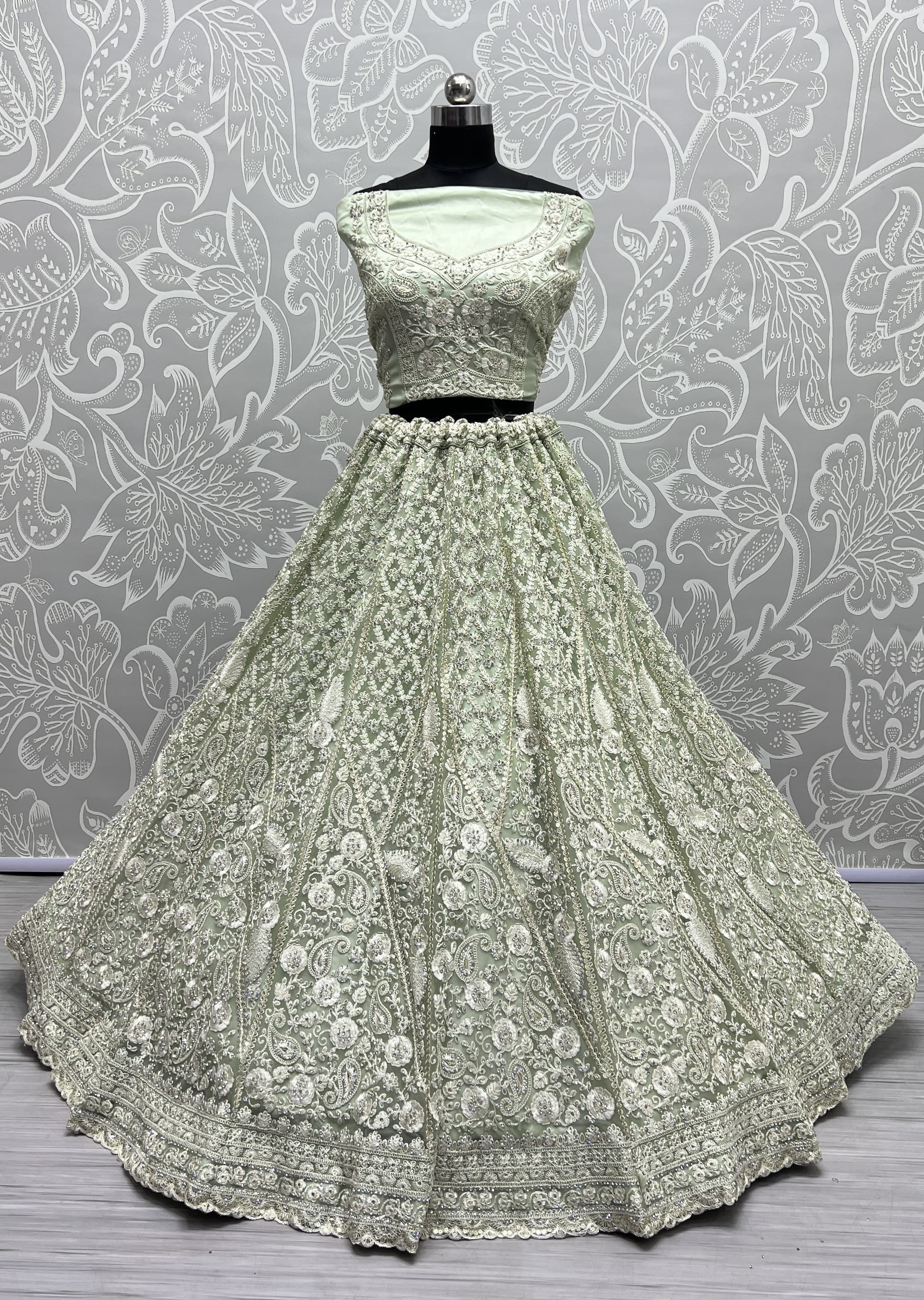Dori and Zircon Diamond Green Combine Designer Partywear Lehengacholi