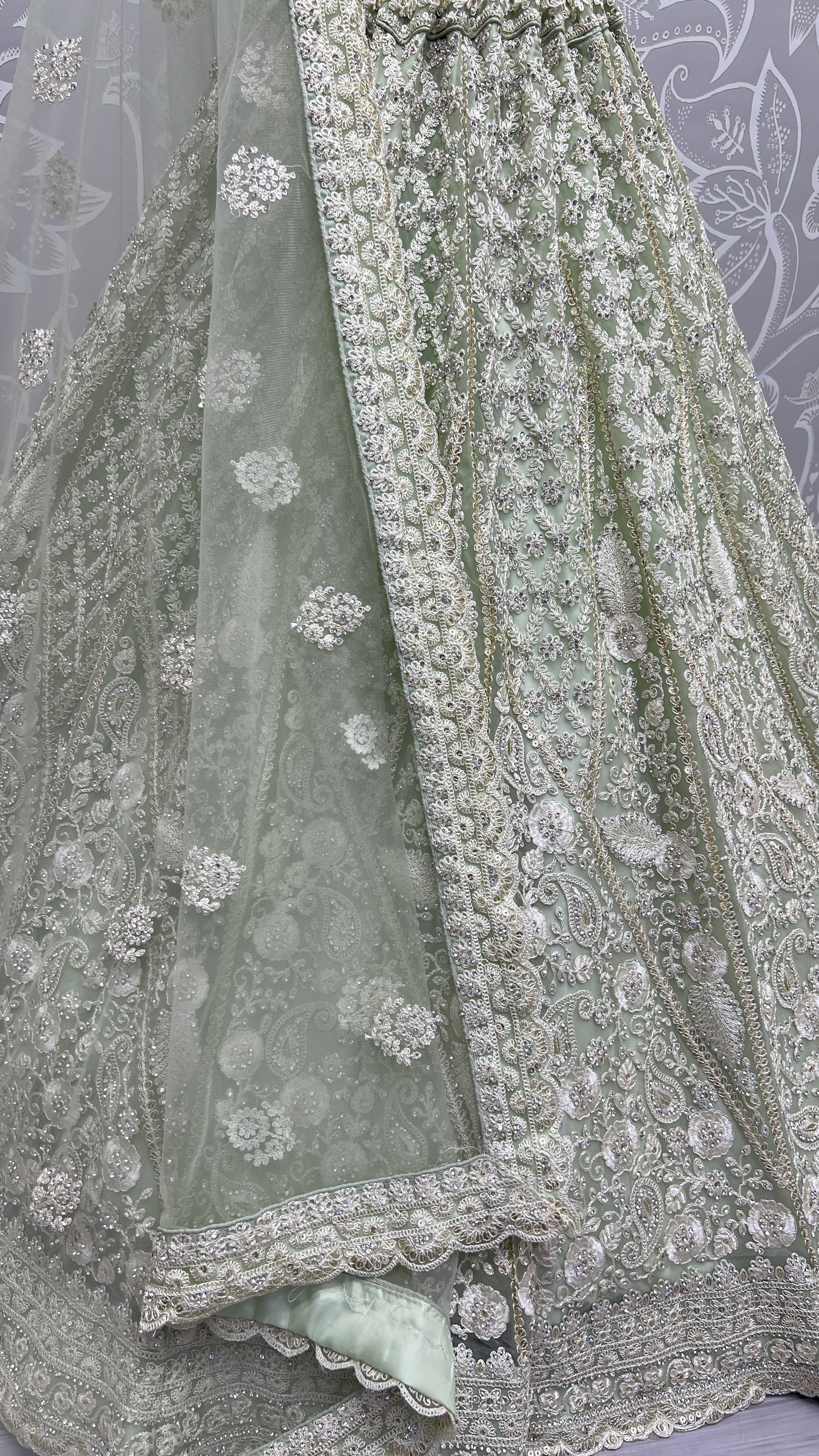 Dori and Zircon Diamond Green Combine Designer Partywear Lehengacholi