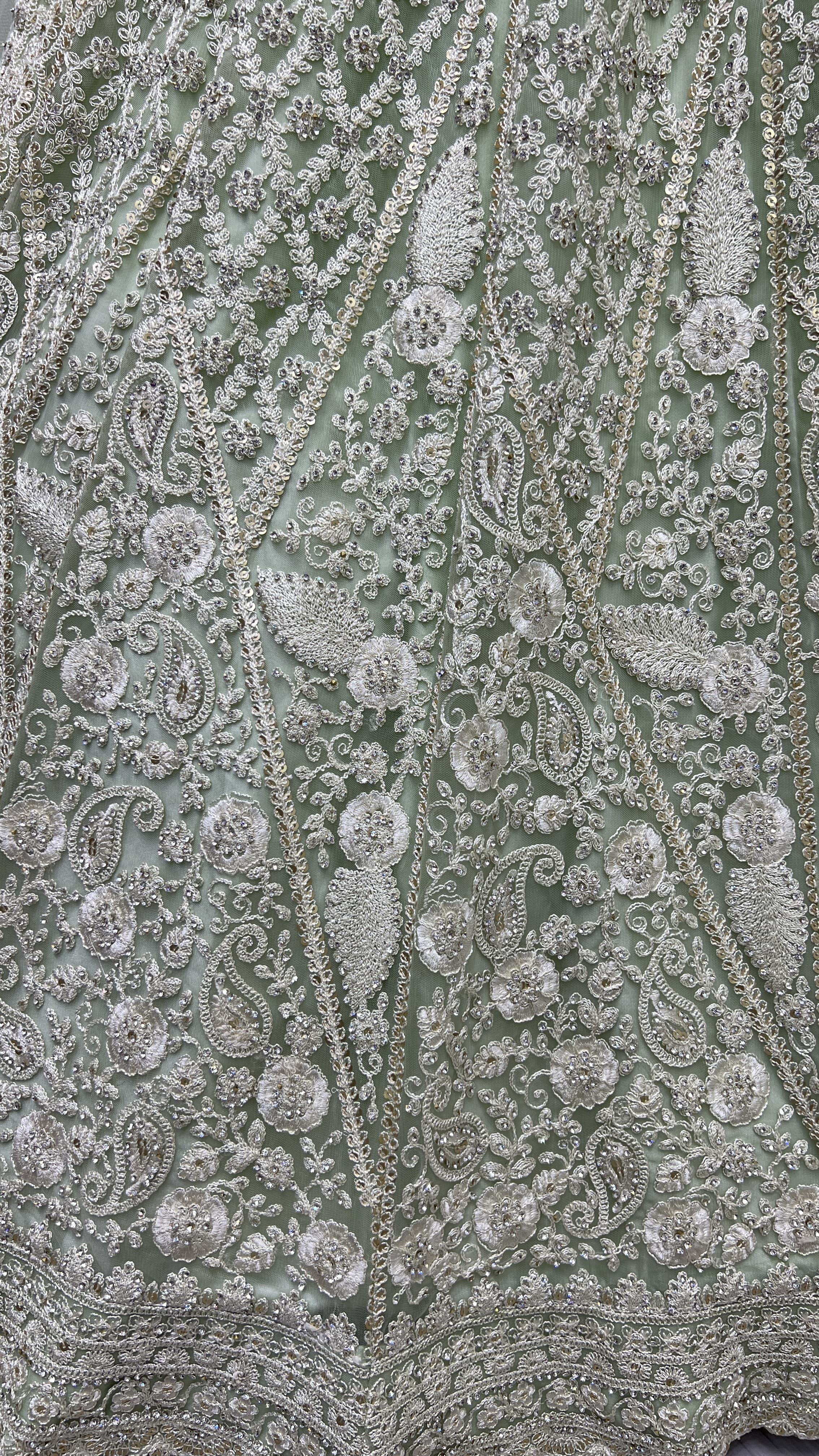 Dori and Zircon Diamond Green Combine Designer Partywear Lehengacholi