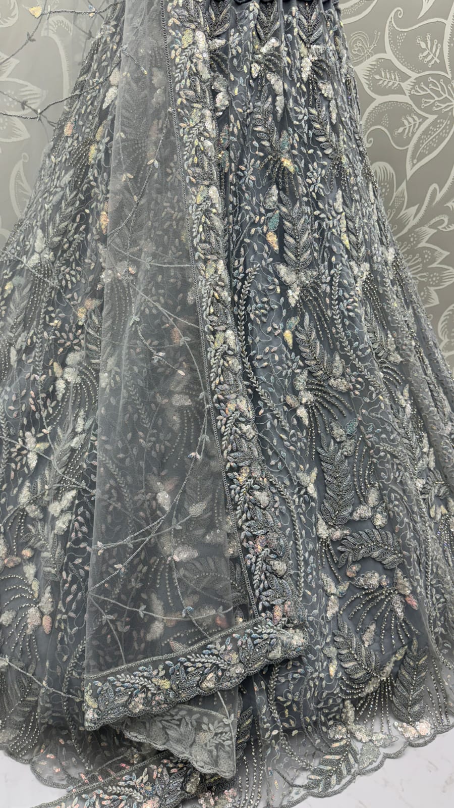 Beautiful Grey Dupatta on  Matching Designer Embroidered Reception wear Lehenga chol