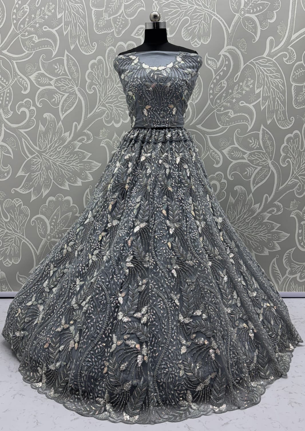 Beautiful Grey Dupatta on  Matching Designer Embroidered Reception wear Lehenga chol