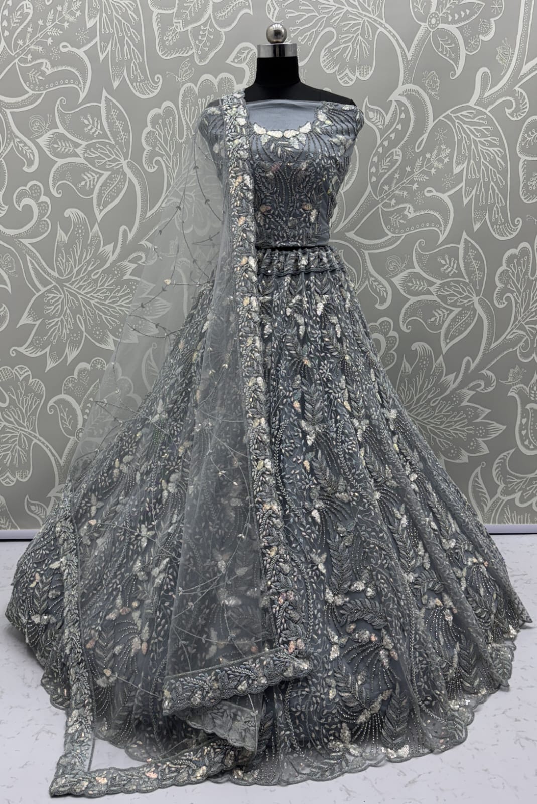 Beautiful Grey Dupatta on  Matching Designer Embroidered Reception wear Lehenga chol