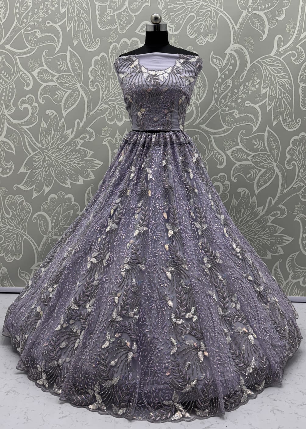 Beautiful Lavender Dupatta on  Matching Designer Embroidered Reception wear Lehenga choli 